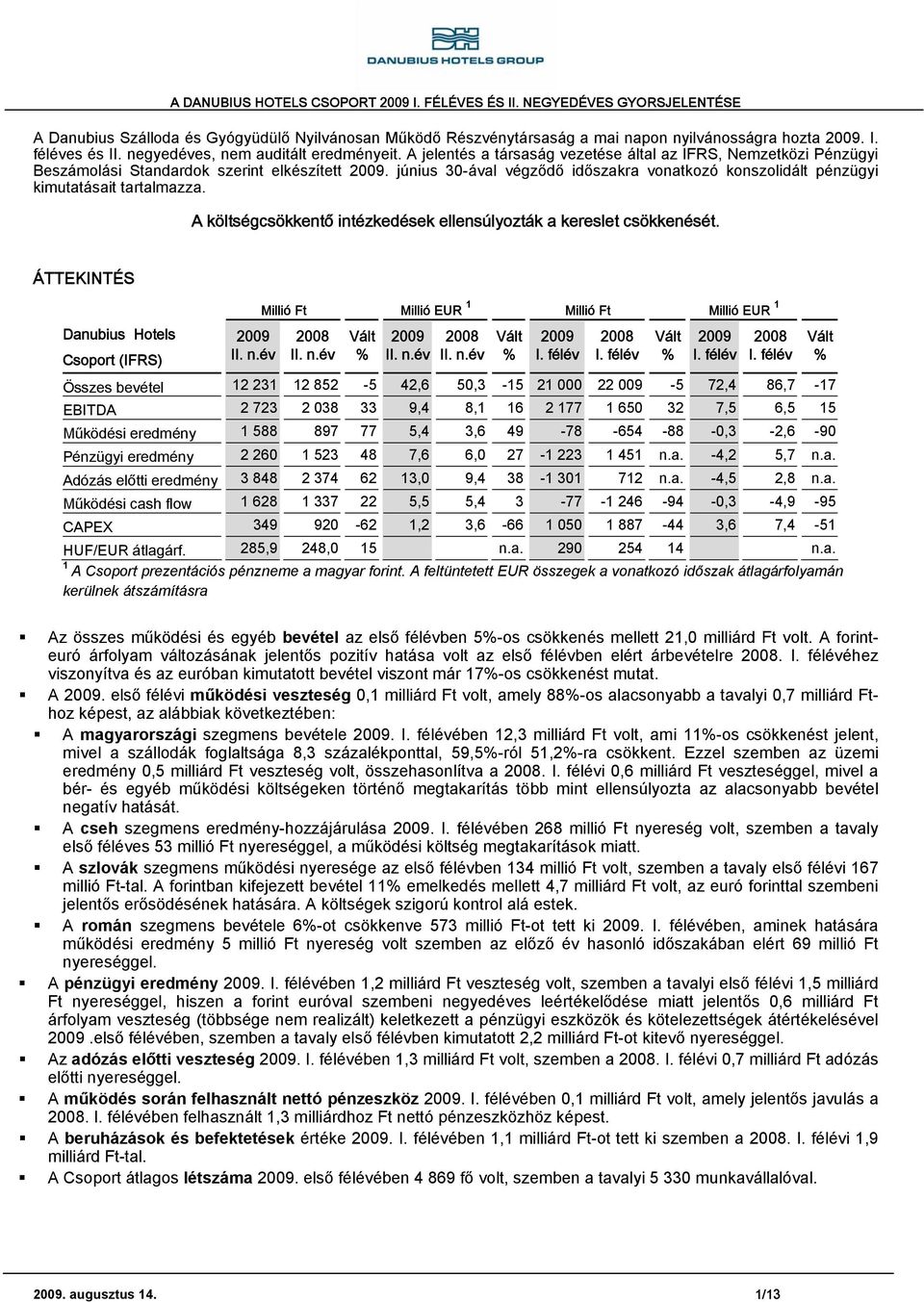 június 30-ával végződő időszakra vonatkozó konszolidált pénzügyi kimutatásait tartalmazza. A költségcsökkentő intézkedések ellensúlyozták a kereslet csökkenését.