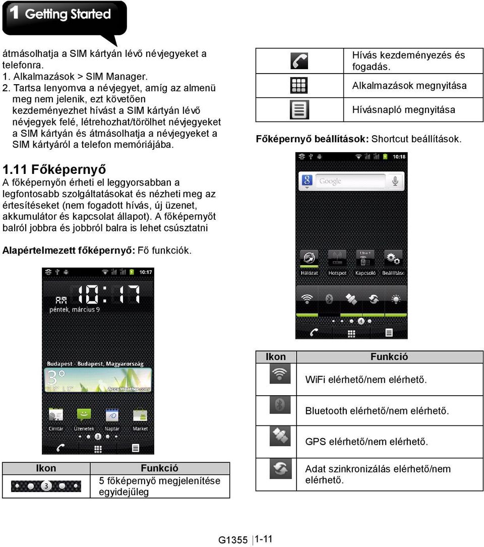 névjegyeket a SIM kártyáról a telefon memóriájába. Hívás kezdeményezés és fogadás. Alkalmazások megnyitása Hívásnapló megnyitása Főképernyő beállítások: Shortcut beállítások. 1.