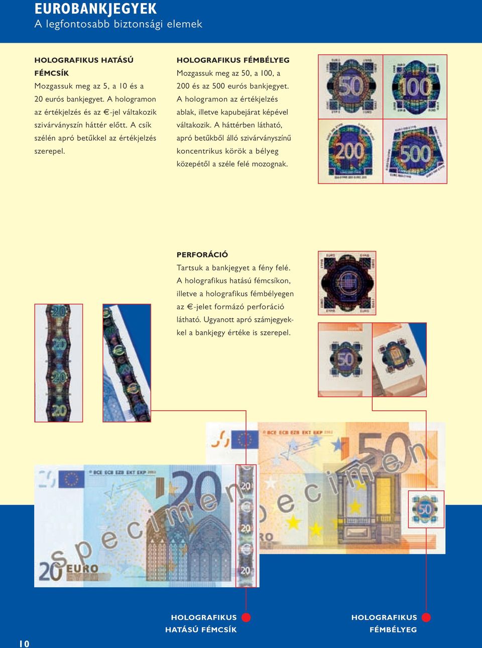 HOLOGRAFIKUS FÉMBÉLYEG Mozgassuk meg az 50, a 100, a 200 és az 500 eurós bankjegyet. A hologramon az értékjelzés ablak, illetve kapubejárat képével váltakozik.