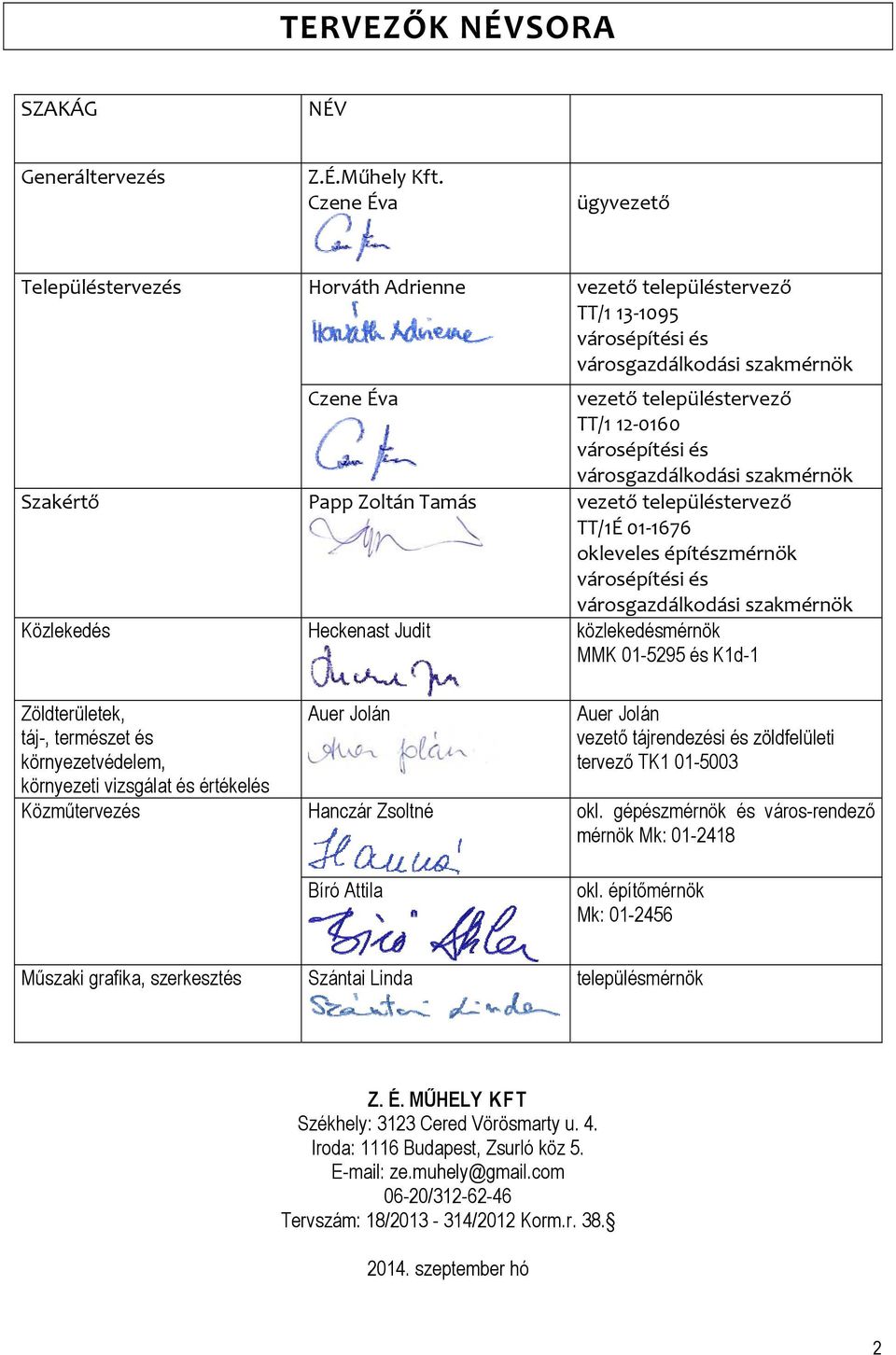 városgazdálkodási szakmérnök Szakértő Papp Zoltán Tamás vezető településtervező TT/1É 01 1676 okleveles építészmérnök városépítési és városgazdálkodási szakmérnök Közlekedés Heckenast Judit