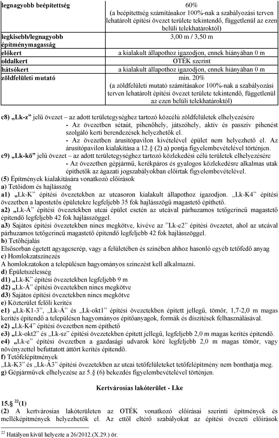 20% (a zöldfelületi mutató számításakor 100%-nak a szabályozási terven lehatárolt építési övezet területe tekintendő, függetlenül az ezen belüli telekhatároktól) c8) Lk-z jelű övezet az adott