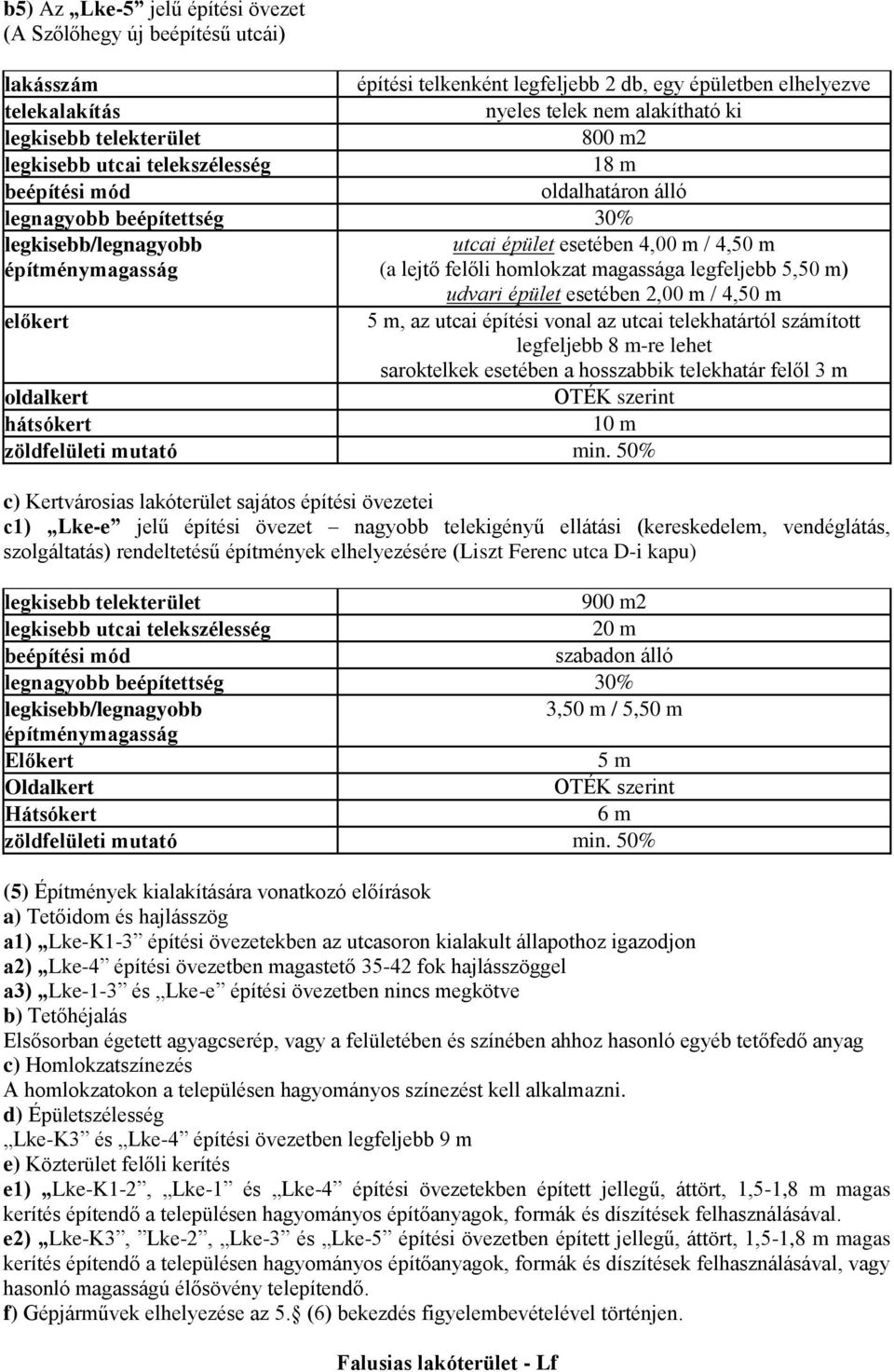 4,50 m 5 m, az utcai építési vonal az utcai telekhatártól számított legfeljebb 8 m-re lehet saroktelkek esetében a hosszabbik telekhatár felől 3 m 10 m zöldfelületi mutató min.