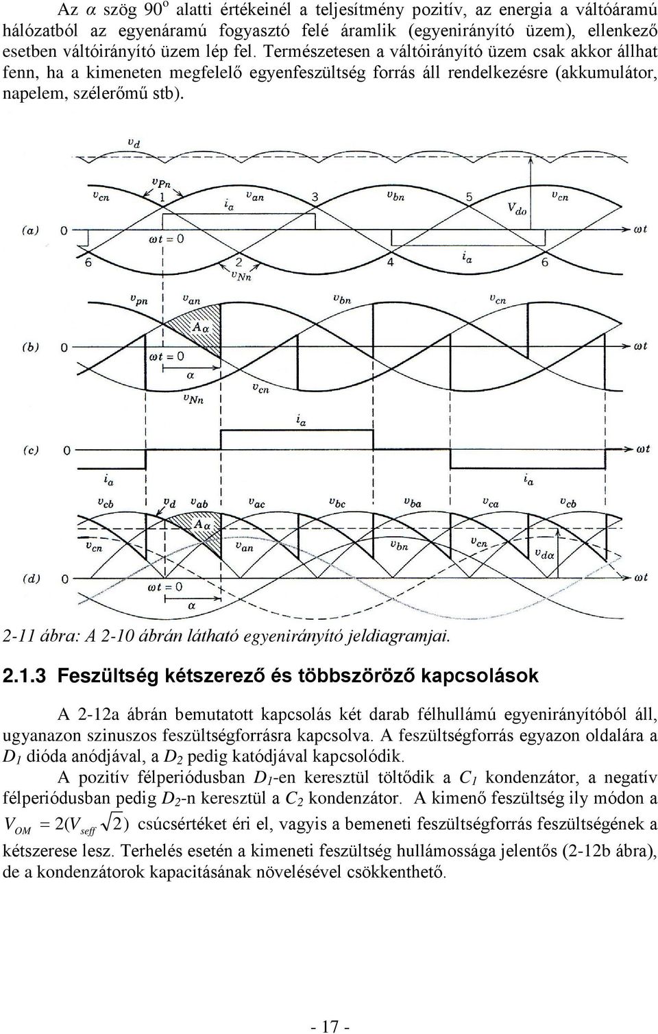 2-11 ábra: A 2-10 ábrán látható egyenirányító jeldiagramjai. 2.1.3 Feszültség kétszerezõ és többszörözõ kapcsolások A 2-12a ábrán bemutatott kapcsolás két darab félhullámú egyenirányítóból áll, ugyanazon szinuszos feszültségforrásra kapcsolva.