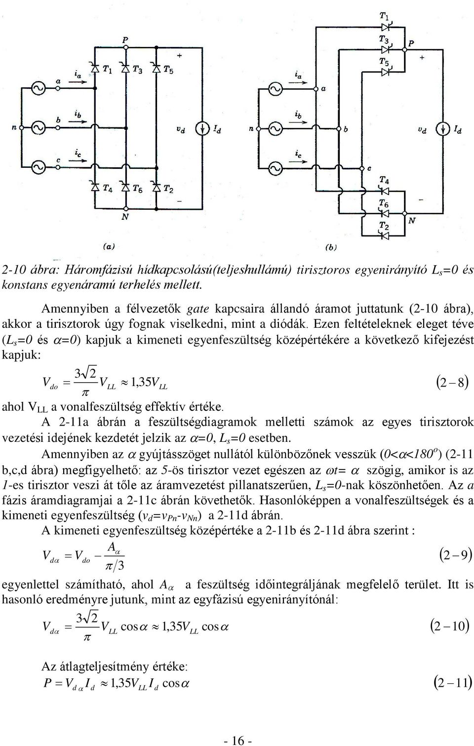 Ezen feltételeknek eleget téve (L s =0 és =0) kapjuk a kimeneti egyenfeszültség középértékére a következõ kifejezést kapjuk: 3 2 o VLL 1, 35V LL 2 8 ahol V LL a vonalfeszültség effektív értéke.