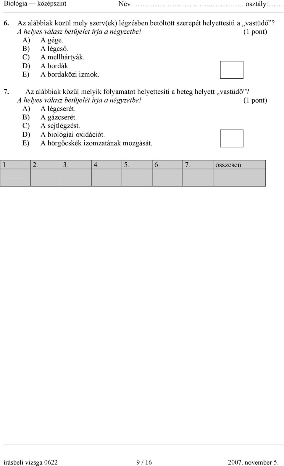 Az alábbiak közül melyik folyamatot helyettesíti a beteg helyett vastüdő? A helyes válasz betűjelét írja a négyzetbe!