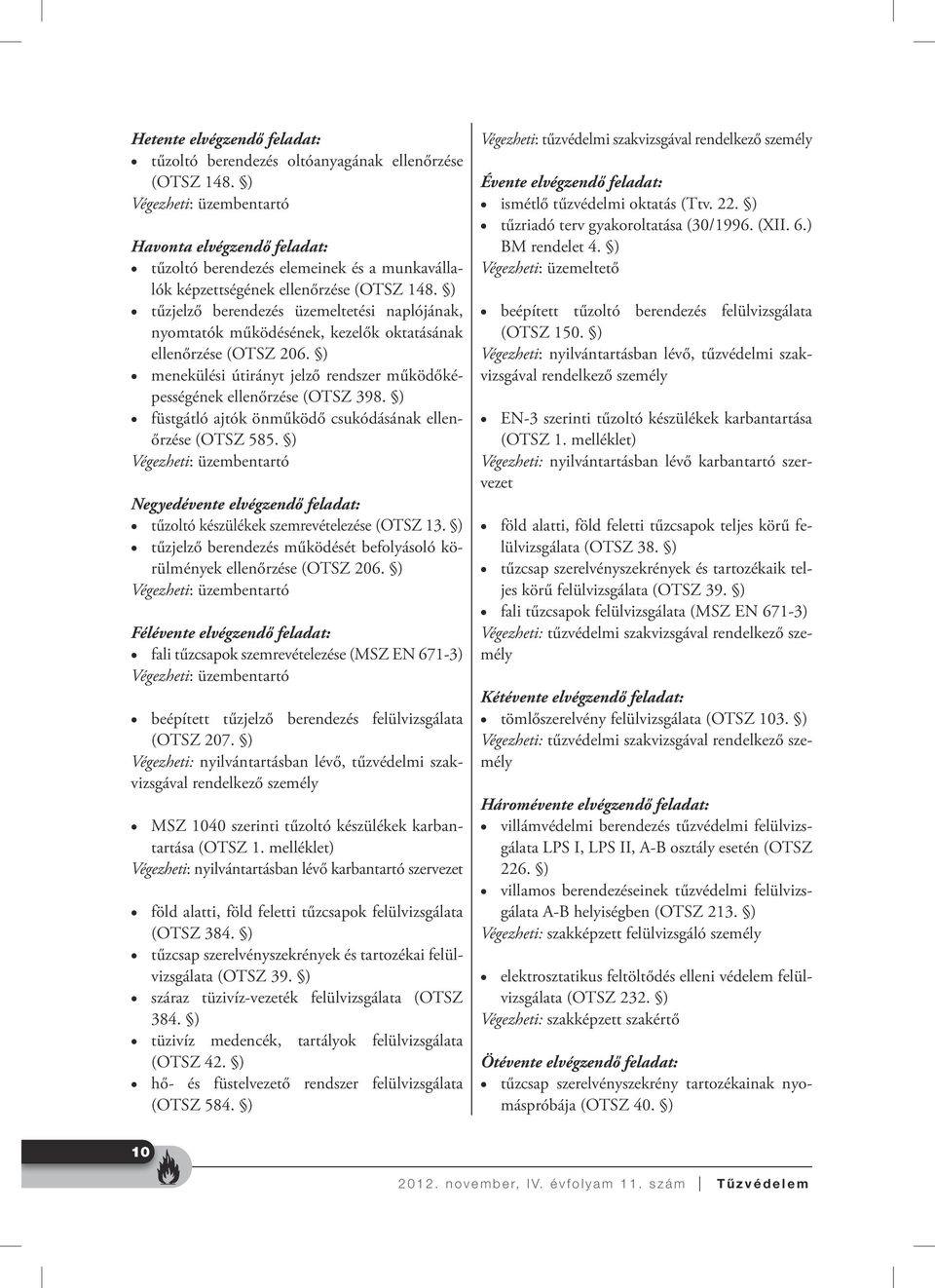 ) tűzjelző berendezés üzemeltetési naplójának, nyomtatók működésének, kezelők oktatásának ellenőrzése (OTSZ 206. ) menekülési útirányt jelző rendszer működőképességének ellenőrzése (OTSZ 398.