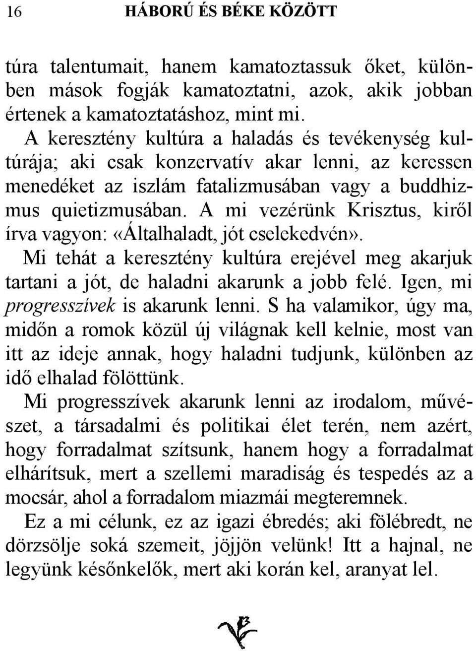 A mi vezérünk Krisztus, kiről írva vagyon: «Általhaladt, jót cselekedvén». Mi tehát a keresztény kultúra erejével meg akarjuk tartani a jót, de haladni akarunk a jobb felé.