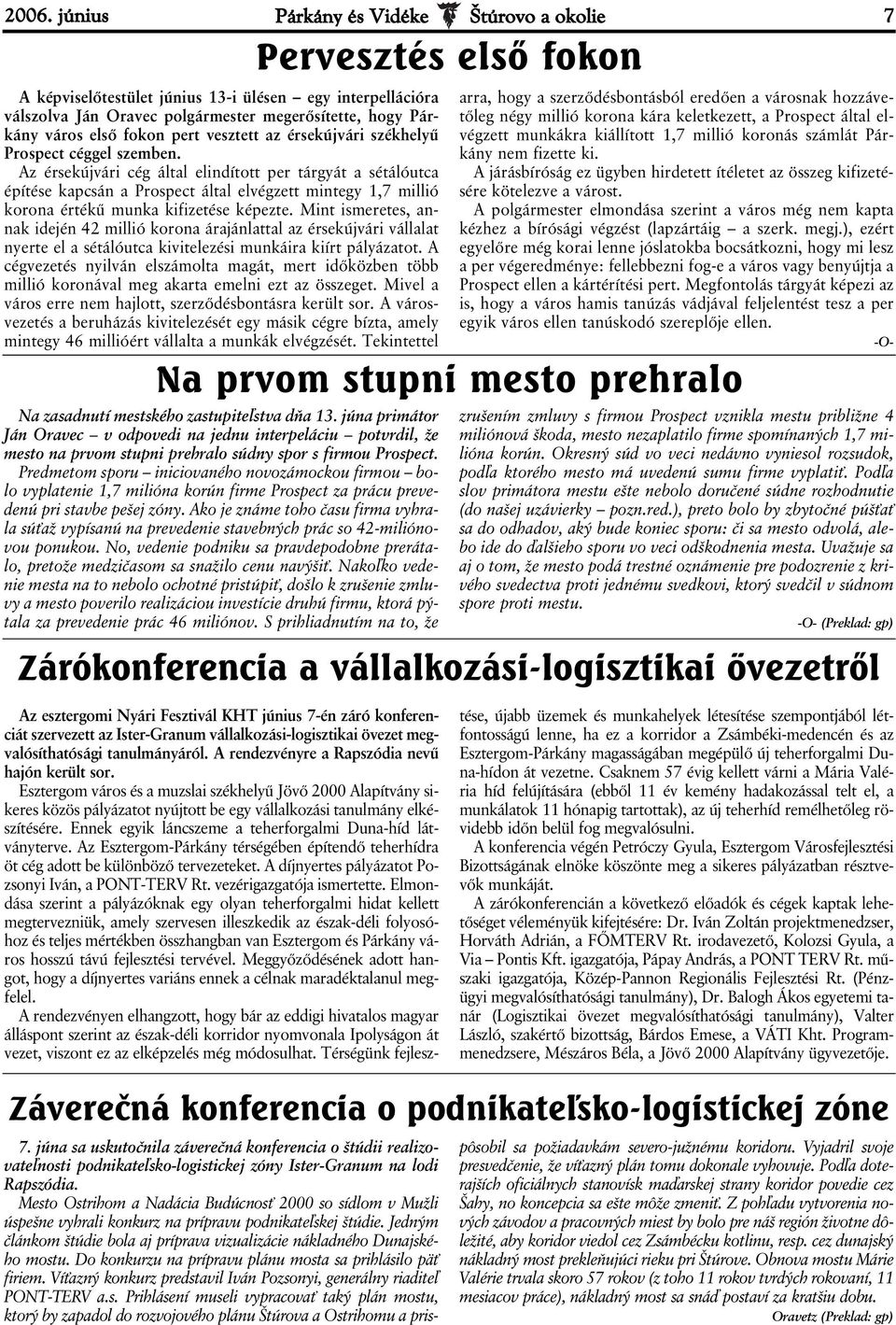 Az érsekújvári cég által elindított per tárgyát a sétálóutca építése kapcsán a Prospect által elvégzett mintegy 1,7 millió korona értékű munka kifizetése képezte.