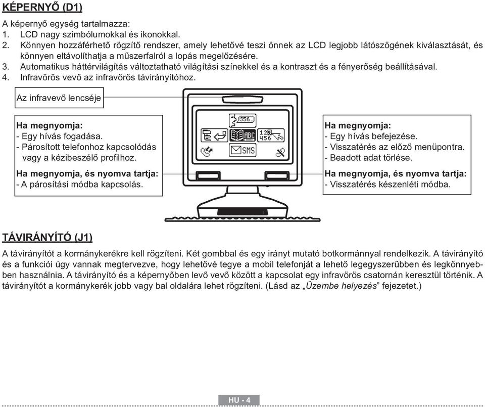 Automatikus háttérvilágítás változtatható világítási színekkel és a kontraszt és a fényerőség beállításával. 4. Infravörös vevő az infravörös távirányítóhoz.