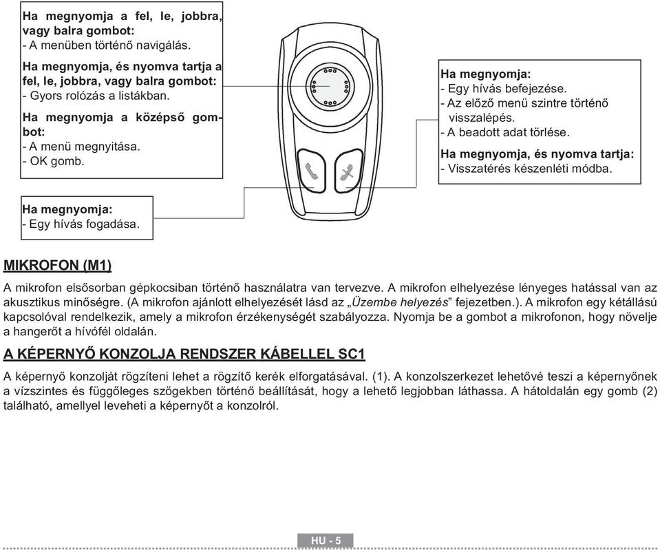 Ha megnyomja, és nyomva tartja: - Visszatérés készenléti módba. Ha megnyomja: - Egy hívás fogadása. MIKROFON (M1) A mikrofon elsősorban gépkocsiban történő használatra van tervezve.