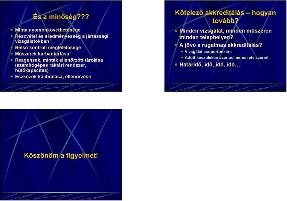 karbantartása Reagensek, minták ellenőrzött tárolása (számítógépes raktári rendszer, hűtőkapacitás) Eszközök kalibrálása,