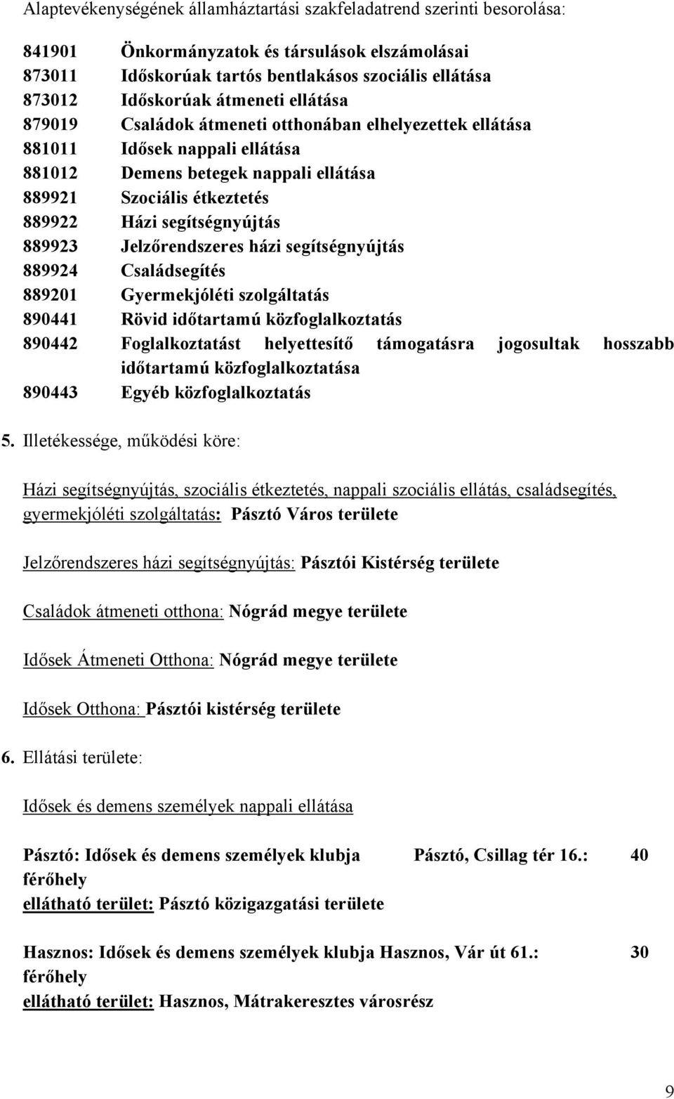 segítségnyújtás 889923 Jelzőrendszeres házi segítségnyújtás 889924 Családsegítés 889201 Gyermekjóléti szolgáltatás 890441 Rövid időtartamú közfoglalkoztatás 890442 Foglalkoztatást helyettesítő