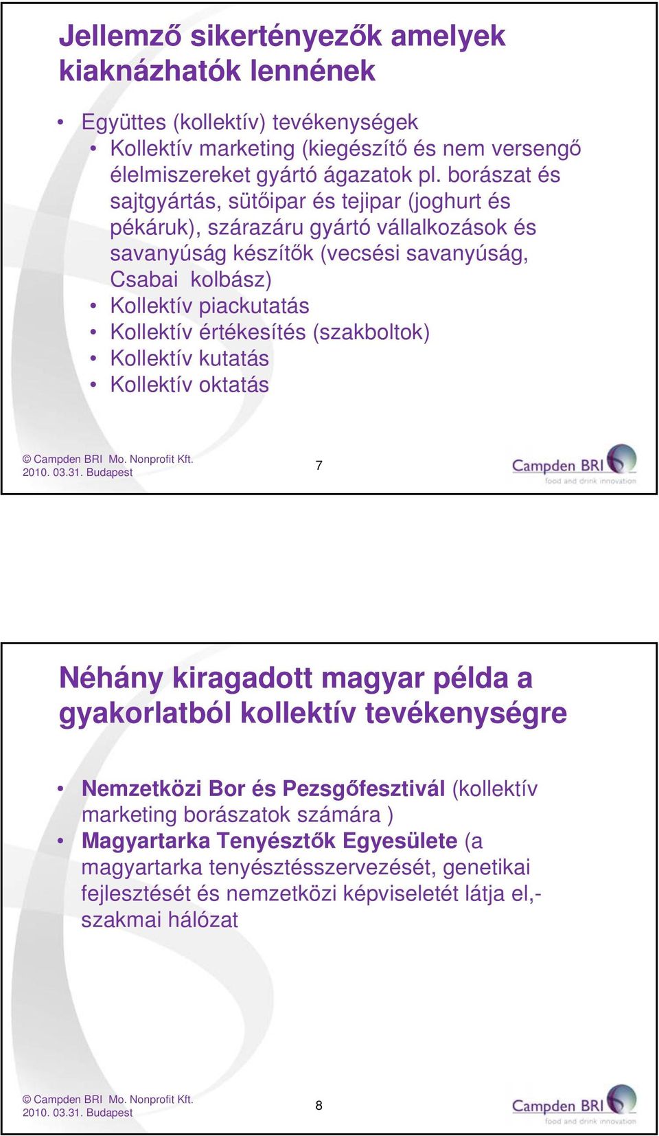 Kollektív értékesítés (szakboltok) Kollektív kutatás Kollektív oktatás 7 Néhány kiragadott magyar példa a gyakorlatból kollektív tevékenységre Nemzetközi Bor és Pezsgőfesztivál
