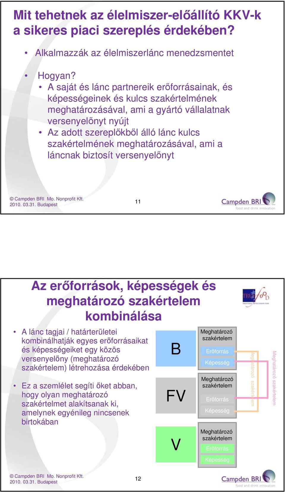 meghatározásával, ami a láncnak biztosít versenyelőnyt 11 Az erőforrások, képességek és meghatározó szakértelem kombinálása A lánc tagjai / határterületei kombinálhatják egyes erőforrásaikat és