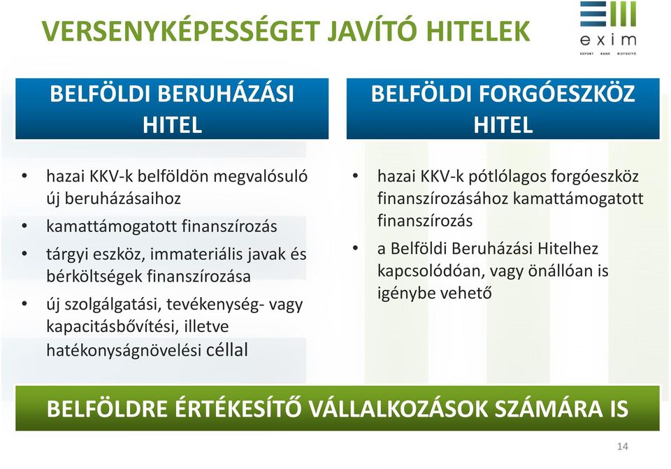 illetve hatékonyságnövelési céllal BELFÖLDI FORGÓESZKÖZ HITEL hazai KKV-k pótlólagos forgóeszköz finanszírozásához kamattámogatott