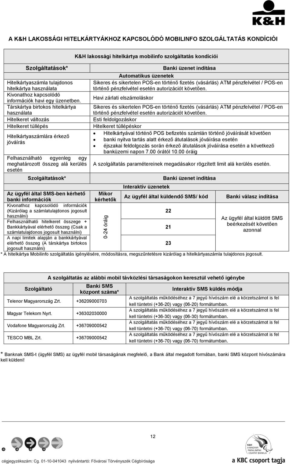 Szolgáltatások* K&H lakossági hitelkártya mobilinfo szolgáltatás kondíciói Banki üzenet indítása Automatikus üzenetek Sikeres és sikertelen POS-en történő fizetés (vásárlás) ATM pénzfelvétel / POS-en