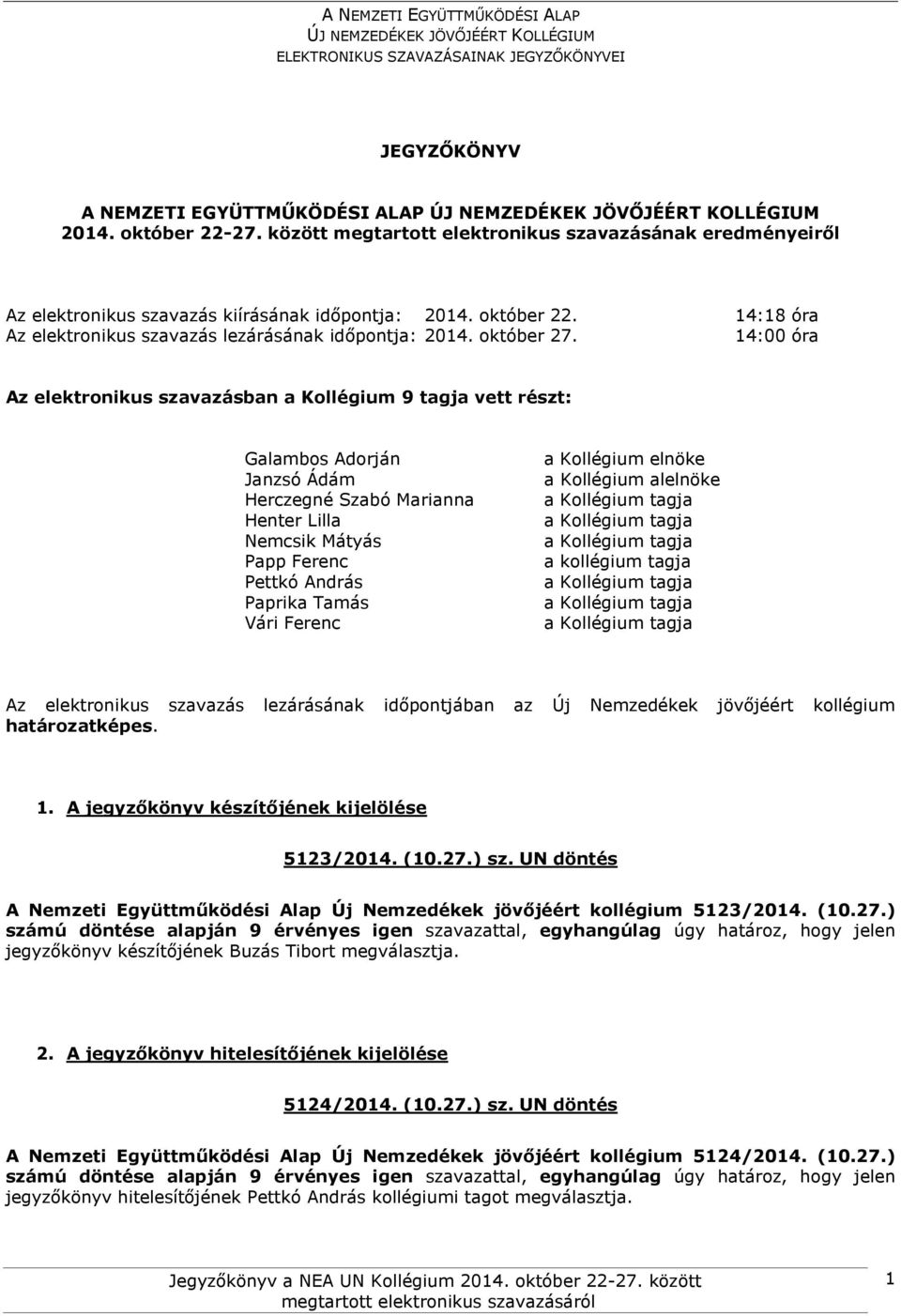 14:00 óra Az elektronikus szavazásban a Kollégium 9 tagja vett részt: Galambos Adorján Janzsó Ádám Herczegné Szabó Marianna Henter Lilla Nemcsik Mátyás Papp Ferenc Pettkó András Paprika Tamás Vári