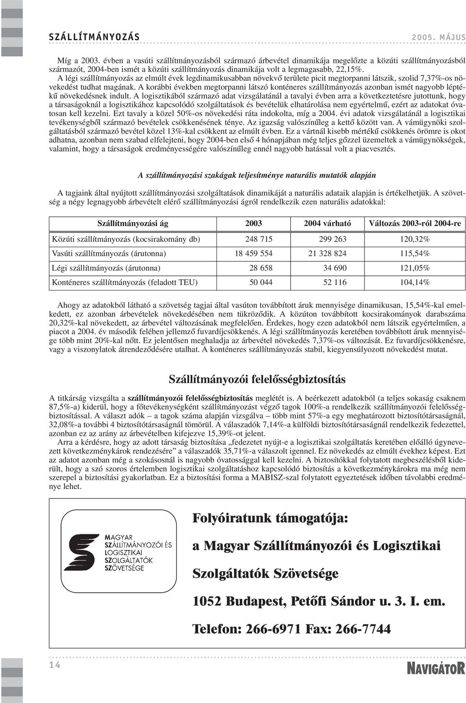 A légi szállítmányozás az elmúlt évek legdinamikusabban növekvõ területe picit megtorpanni látszik, szolid 7,37%-os növekedést tudhat magának.