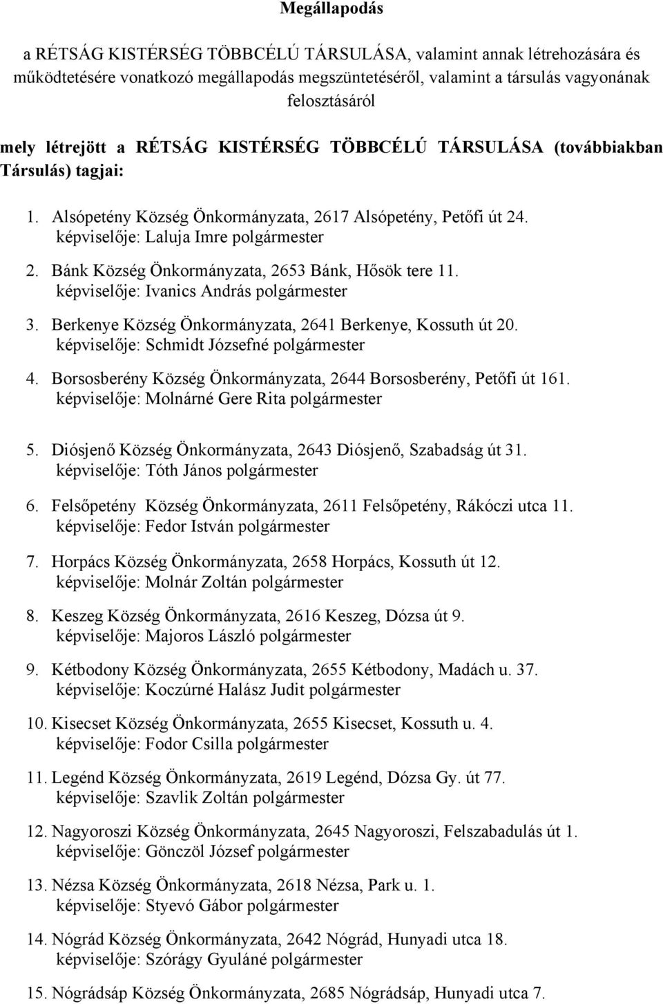 Bánk Község Önkormányzata, 2653 Bánk, Hősök tere 11. képviselője: Ivanics András polgármester 3. Berkenye Község Önkormányzata, 2641 Berkenye, Kossuth út 20.