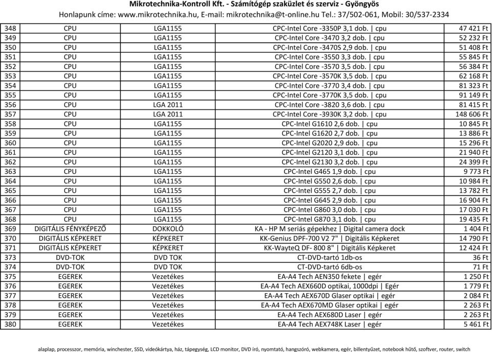 cpu 62 168 Ft 354 CPU LGA1155 CPC-Intel Core -3770 3,4 dob. cpu 81 323 Ft 355 CPU LGA1155 CPC-Intel Core -3770K 3,5 dob. cpu 91 149 Ft 356 CPU LGA 2011 CPC-Intel Core -3820 3,6 dob.