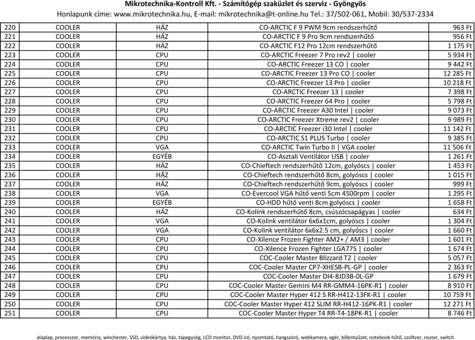 218 Ft 227 COOLER CPU CO-ARCTIC Freezer 13 cooler 7 398 Ft 228 COOLER CPU CO-ARCTIC Freezer 64 Pro cooler 5 798 Ft 229 COOLER CPU CO-ARCTIC Freezer A30 Intel cooler 9 073 Ft 230 COOLER CPU CO-ARCTIC