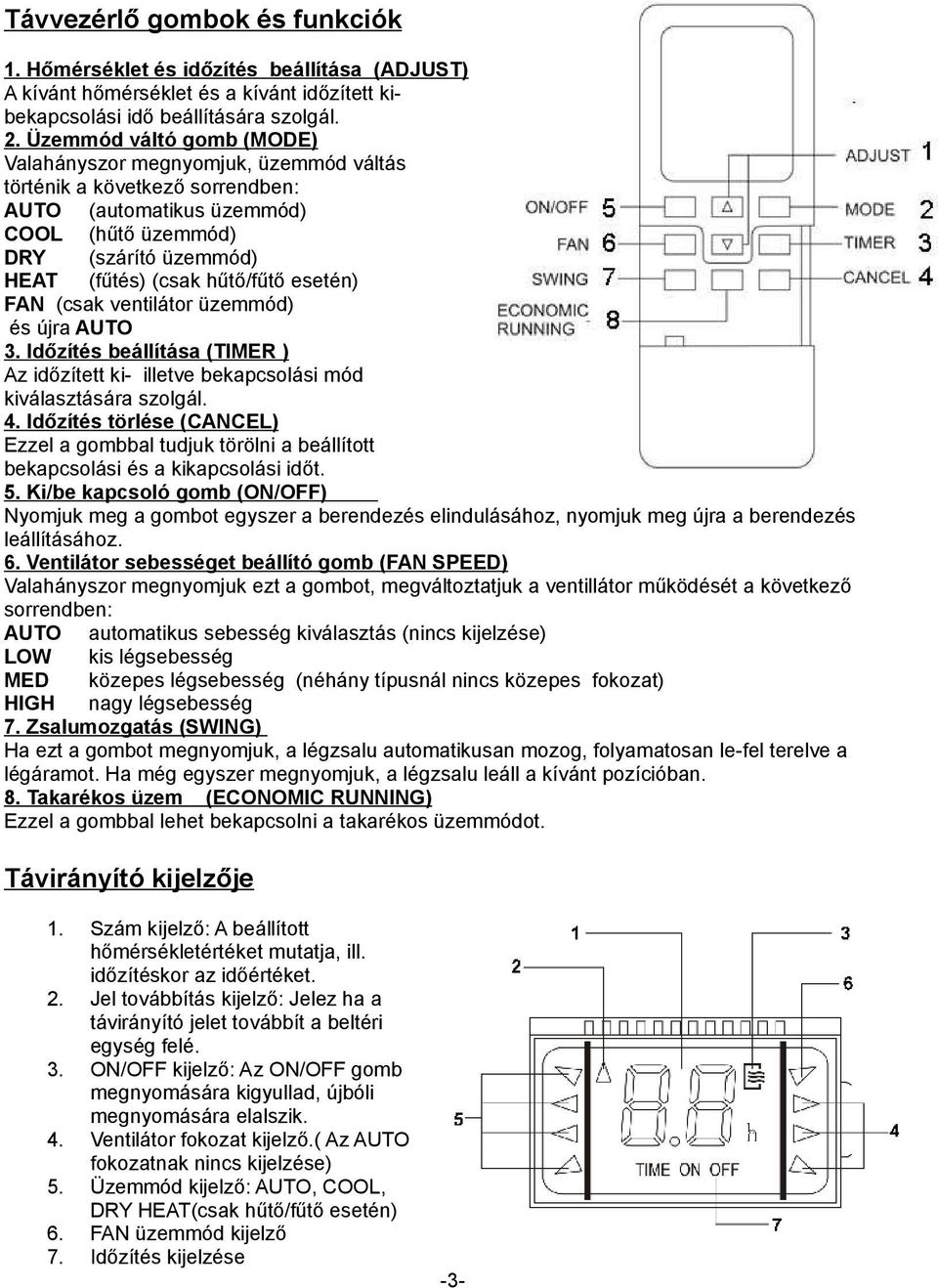 esetén) FAN (csak ventilátor üzemmód) és újra AUTO 3. Időzítés beállítása (TIMER ) Az időzített ki- illetve bekapcsolási mód kiválasztására szolgál. 4.