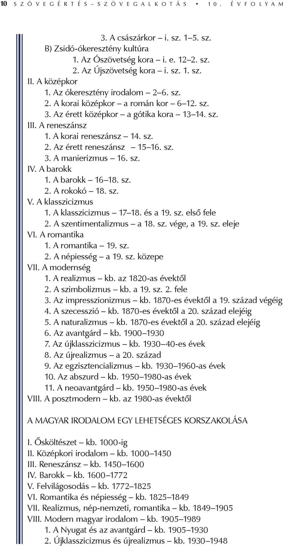 sz. 3. A manierizmus 16. sz. IV. A barokk 1. A barokk 16 18. sz. 2. A rokokó 18. sz. V. A klasszicizmus 1. A klasszicizmus 17 18. és a 19. sz. első fele 2. A szentimentalizmus a 18. sz. vége, a 19.