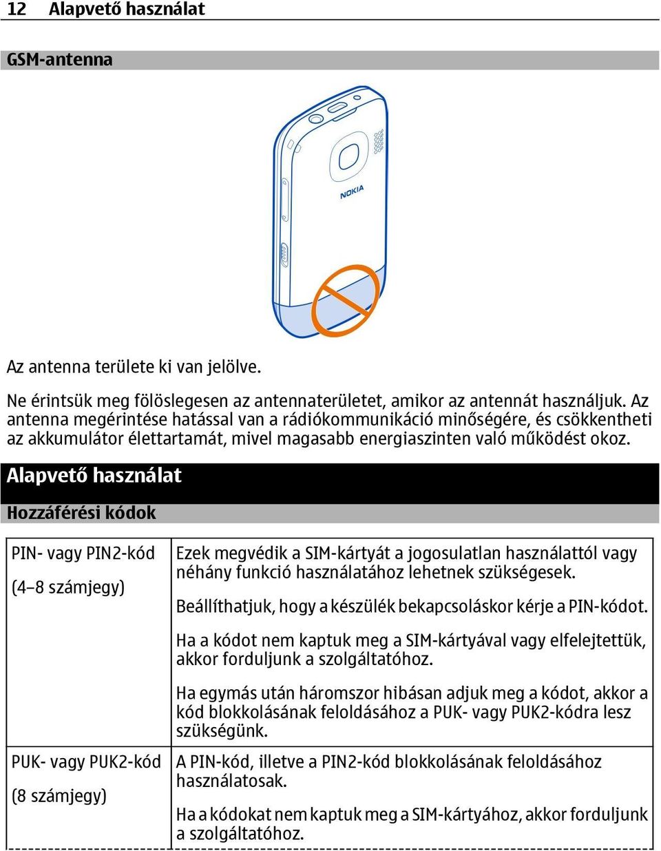 Alapvető használat Hozzáférési kódok PIN- vagy PIN2-kód (4 8 számjegy) PUK- vagy PUK2-kód (8 számjegy) Ezek megvédik a SIM-kártyát a jogosulatlan használattól vagy néhány funkció használatához
