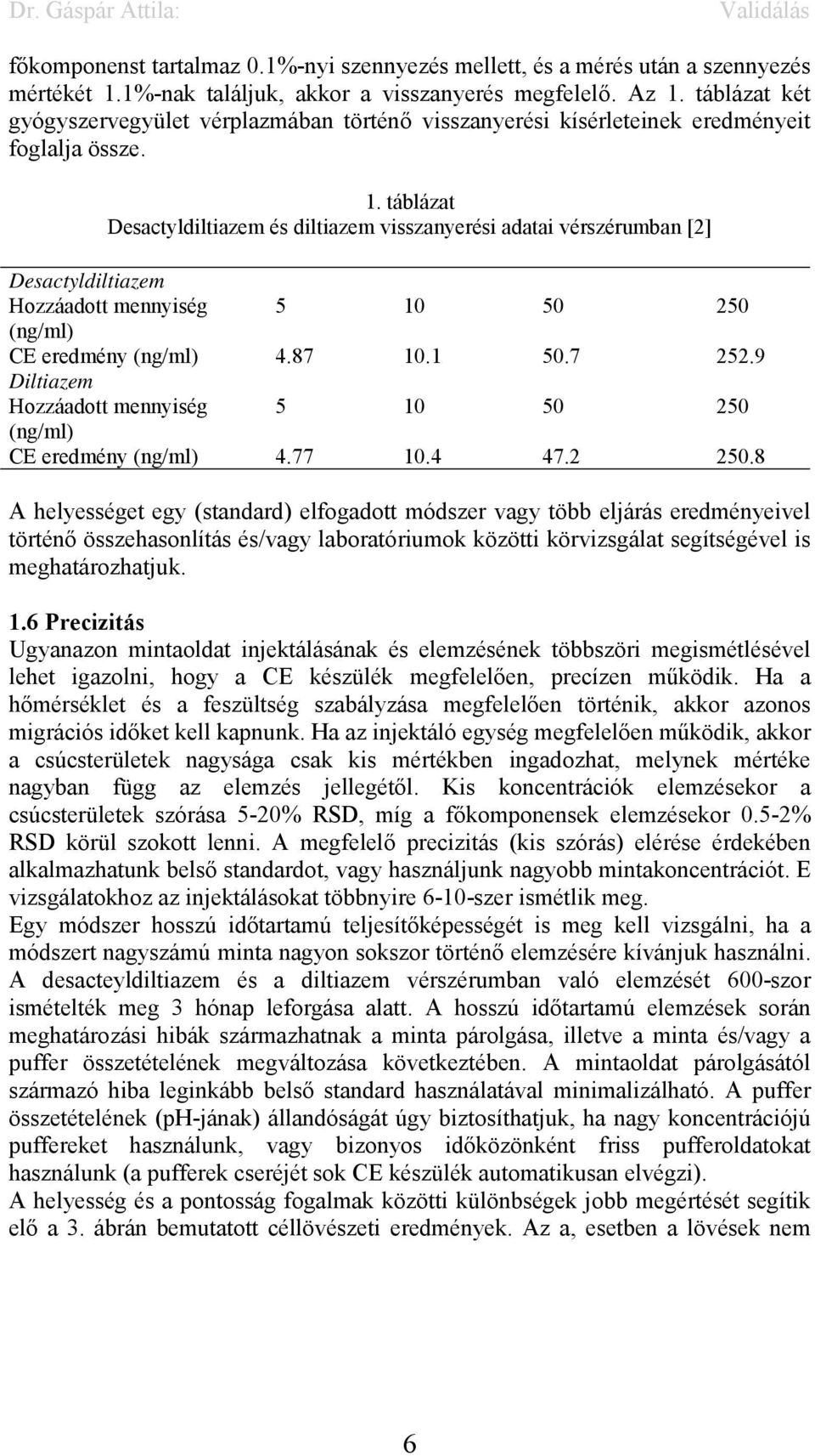 táblázat Desactyldiltiazem és diltiazem visszanyerési adatai vérszérumban [] Desactyldiltiazem Hozzáadott mennyiség 5 10 50 50 (ng/ml) CE eredmény (ng/ml) 4.87 10.1 50.7 5.