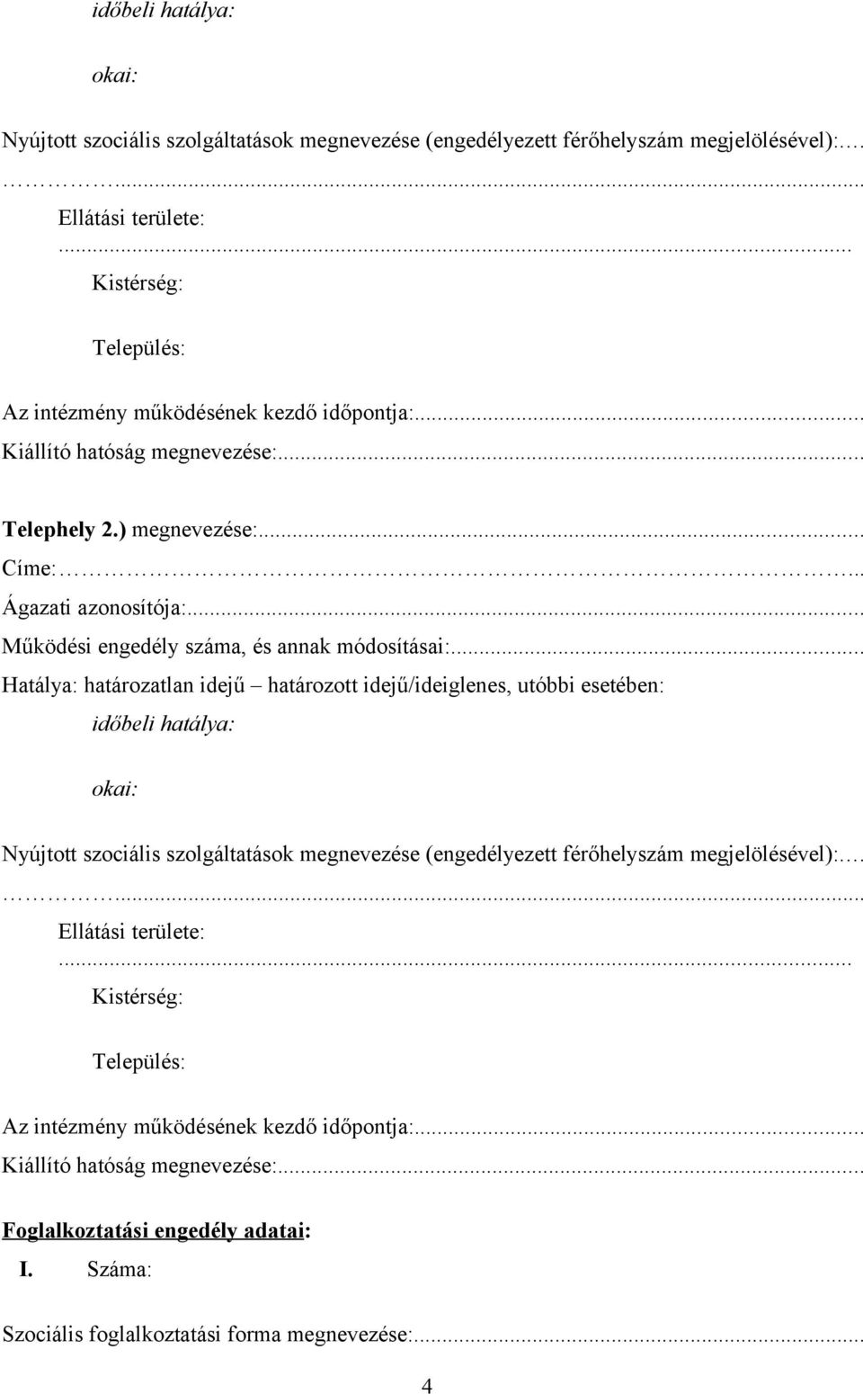 .. Működési engedély száma, és annak módosításai:... Hatálya: határozatlan idejű határozott idejű/ideiglenes, utóbbi esetében: .