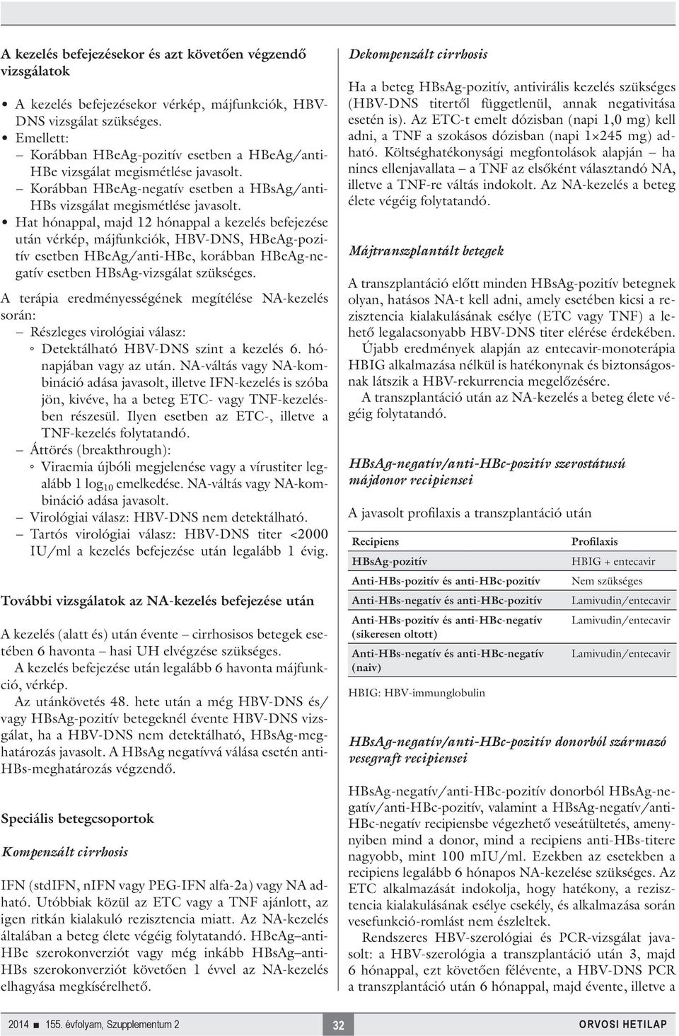 Hat hónappal, majd 12 hónappal a kezelés befejezése után vérkép, májfunkciók, HBV-DNS, HBeAg-pozitív esetben HBeAg/anti-HBe, korábban HBeAg-negatív esetben HBsAg-vizsgálat szükséges.