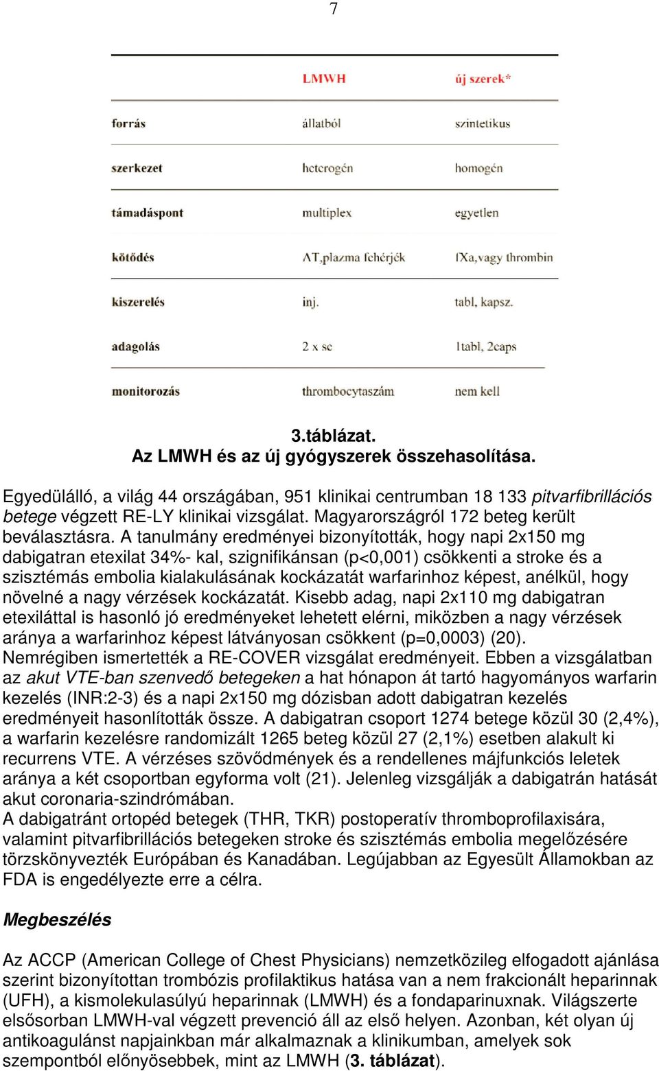 A tanulmány eredményei bizonyították, hogy napi 2x150 mg dabigatran etexilat 34%- kal, szignifikánsan (p<0,001) csökkenti a stroke és a szisztémás embolia kialakulásának kockázatát warfarinhoz