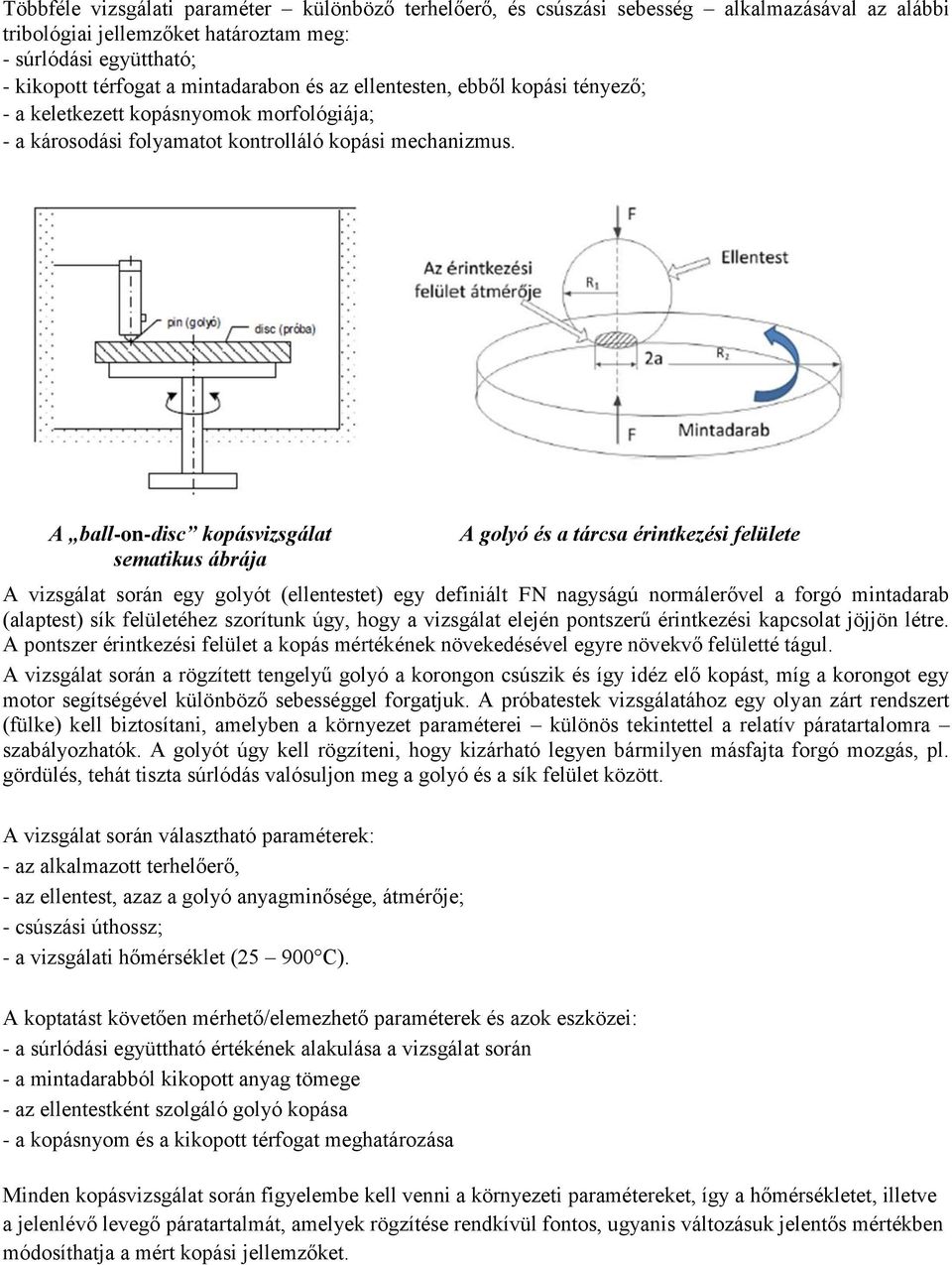 A ball-on-disc kopásvizsgálat sematikus ábrája A golyó és a tárcsa érintkezési felülete A vizsgálat során egy golyót (ellentestet) egy definiált FN nagyságú normálerővel a forgó mintadarab (alaptest)