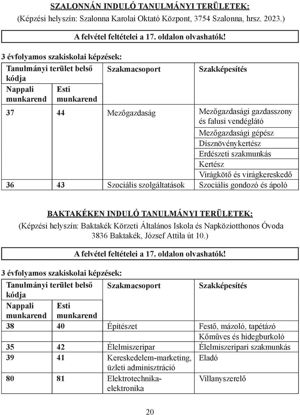 Mezőgazdasági gépész Dísznövénykertész Erdészeti szakmunkás Kertész Virágkötő és virágkereskedő 36 43 Szociális szolgáltatások Szociális gondozó és ápoló BAKTAKÉKEN INDULÓ TANULMÁNYI TERÜLETEK: