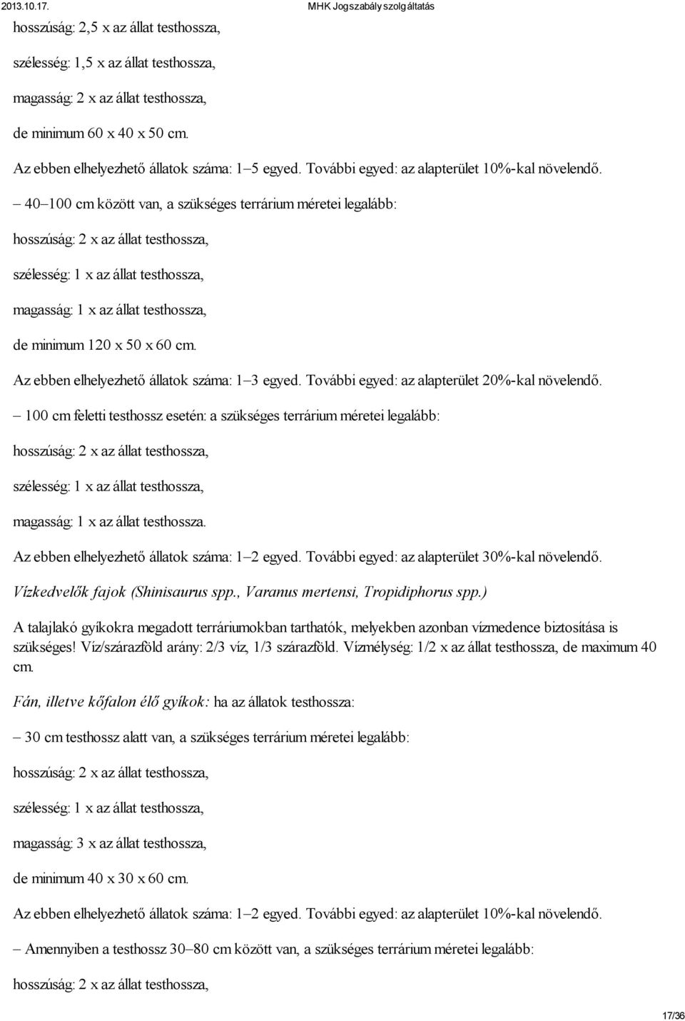 40 100 cm között van, a szükséges terrárium méretei legalább: hosszúság: 2 x az állat testhossza, szélesség: 1 x az állat testhossza, magasság: 1 x az állat testhossza, de minimum 120 x 50 x 60 cm.