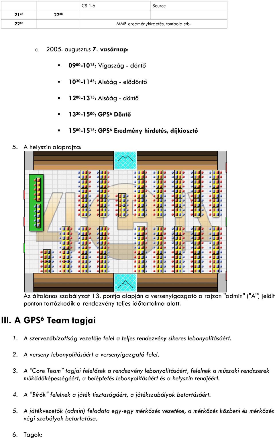 A helyszín alaprajza: Az általános szabályzat 13. pontja alapján a versenyigazgató a rajzon "admin" ("A") jelölt ponton tartózkodik a rendezvény teljes időtartalma alatt. III. A GPS 6 Team tagjai 1.