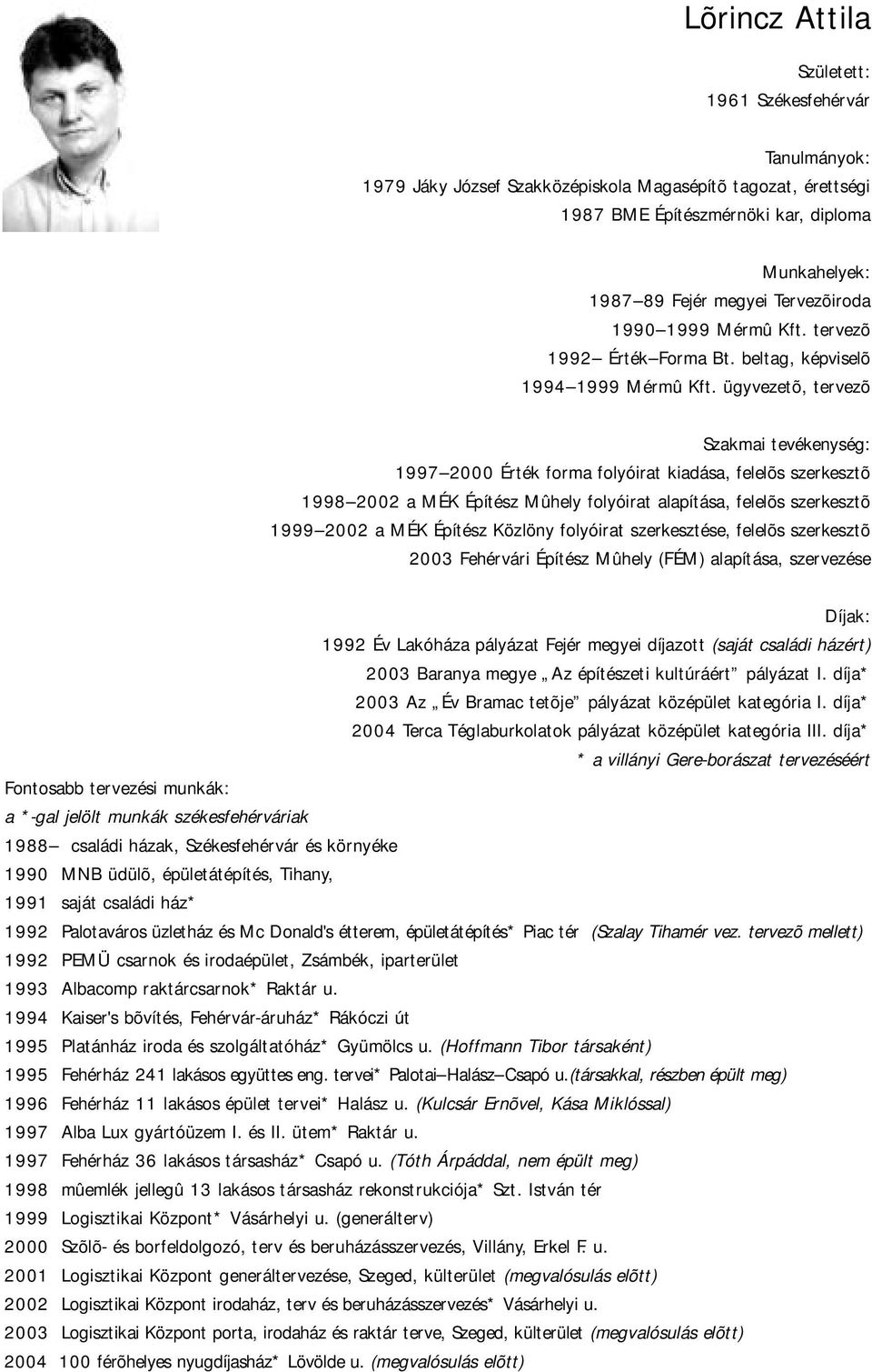 ügyvezetõ, tervezõ Szakmai tevékenység: 1997 2000 Érték forma folyóirat kiadása, felelõs szerkesztõ 1998 2002 a MÉK Építész Mûhely folyóirat alapítása, felelõs szerkesztõ 1999 2002 a MÉK Építész