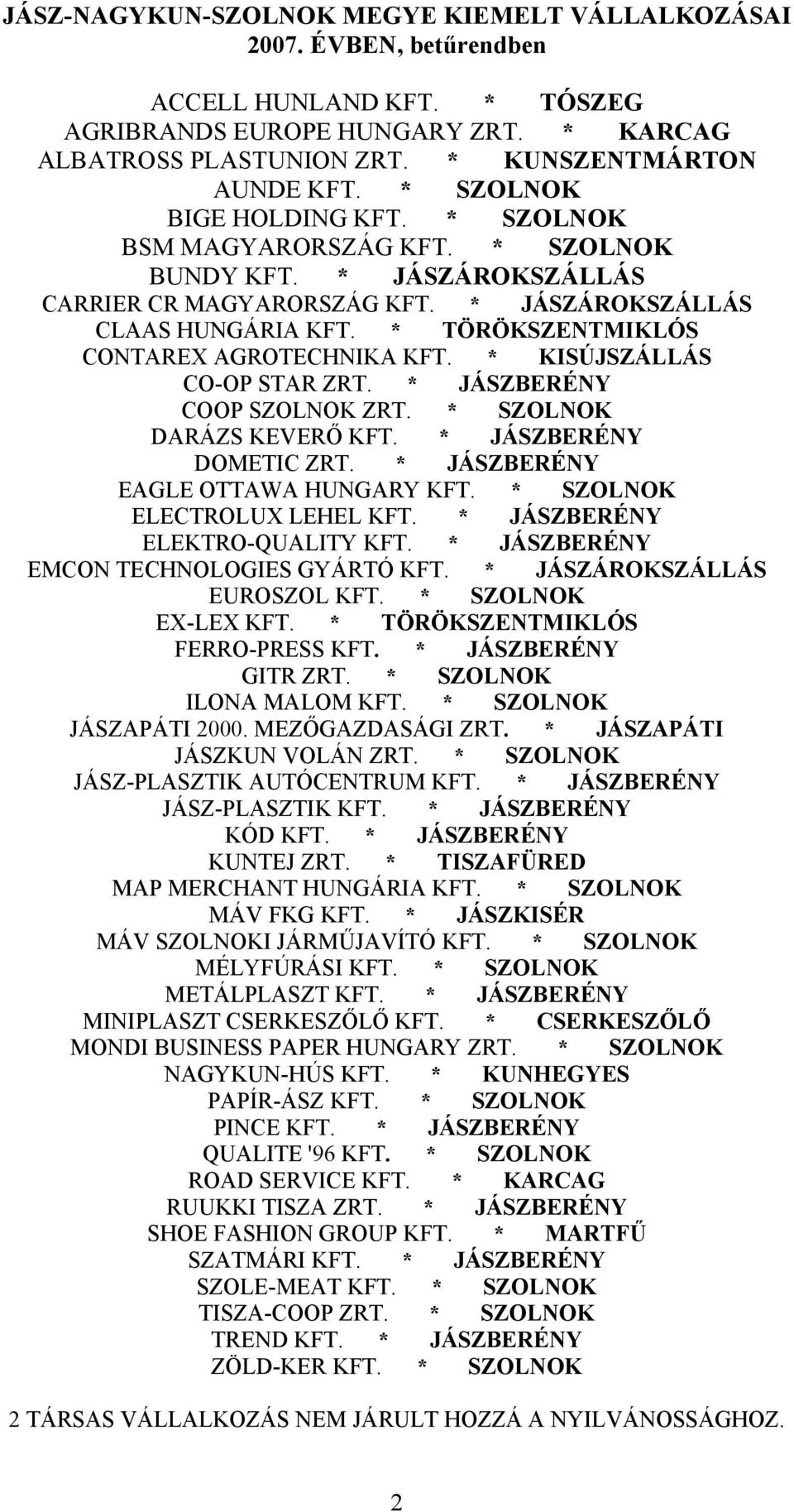 * TÖRÖKSZENTMIKLÓS CONTAREX AGROTECHNIKA KFT. * KISÚJSZÁLLÁS CO-OP STAR ZRT. * JÁSZBERÉNY COOP SZOLNOK ZRT. * SZOLNOK DARÁZS KEVERŐ KFT. * JÁSZBERÉNY DOMETIC ZRT.