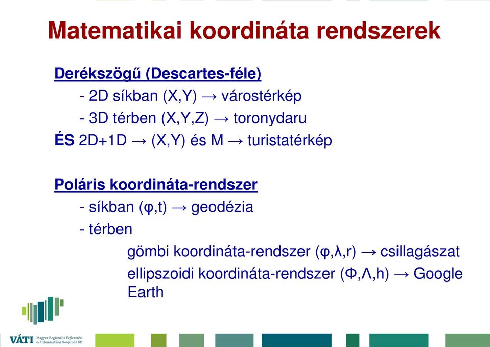 Poláris koordináta-rendszer - síkban (φ,t) geodézia - térben gömbi