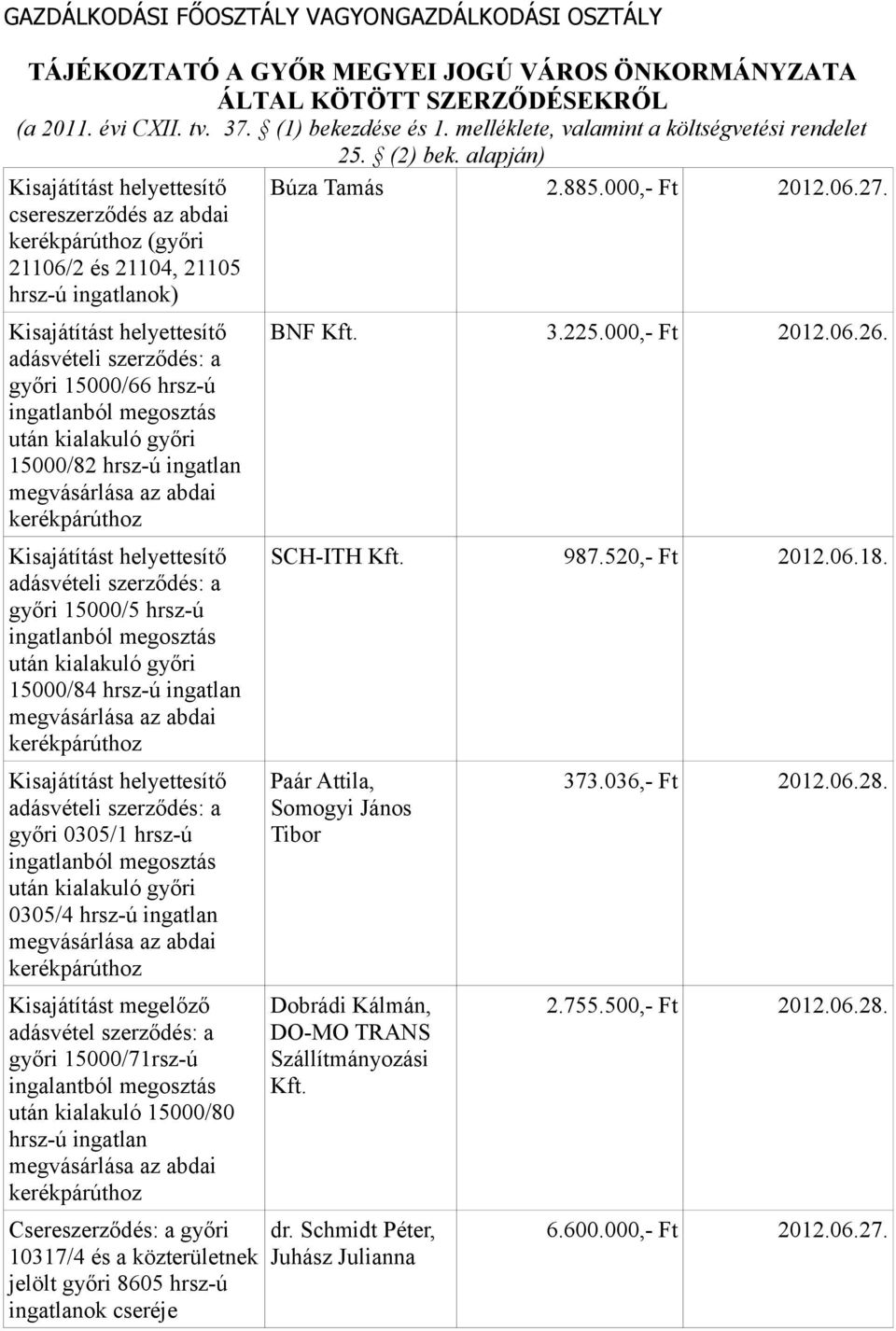 megosztás után kialakuló győri 0305/4 -ú ingatlan Kisajátítást megelőző adásvétel szerződés: a győri 15000/71rsz-ú ingalantból megosztás után kialakuló 15000/80 -ú ingatlan Csereszerződés: a győri