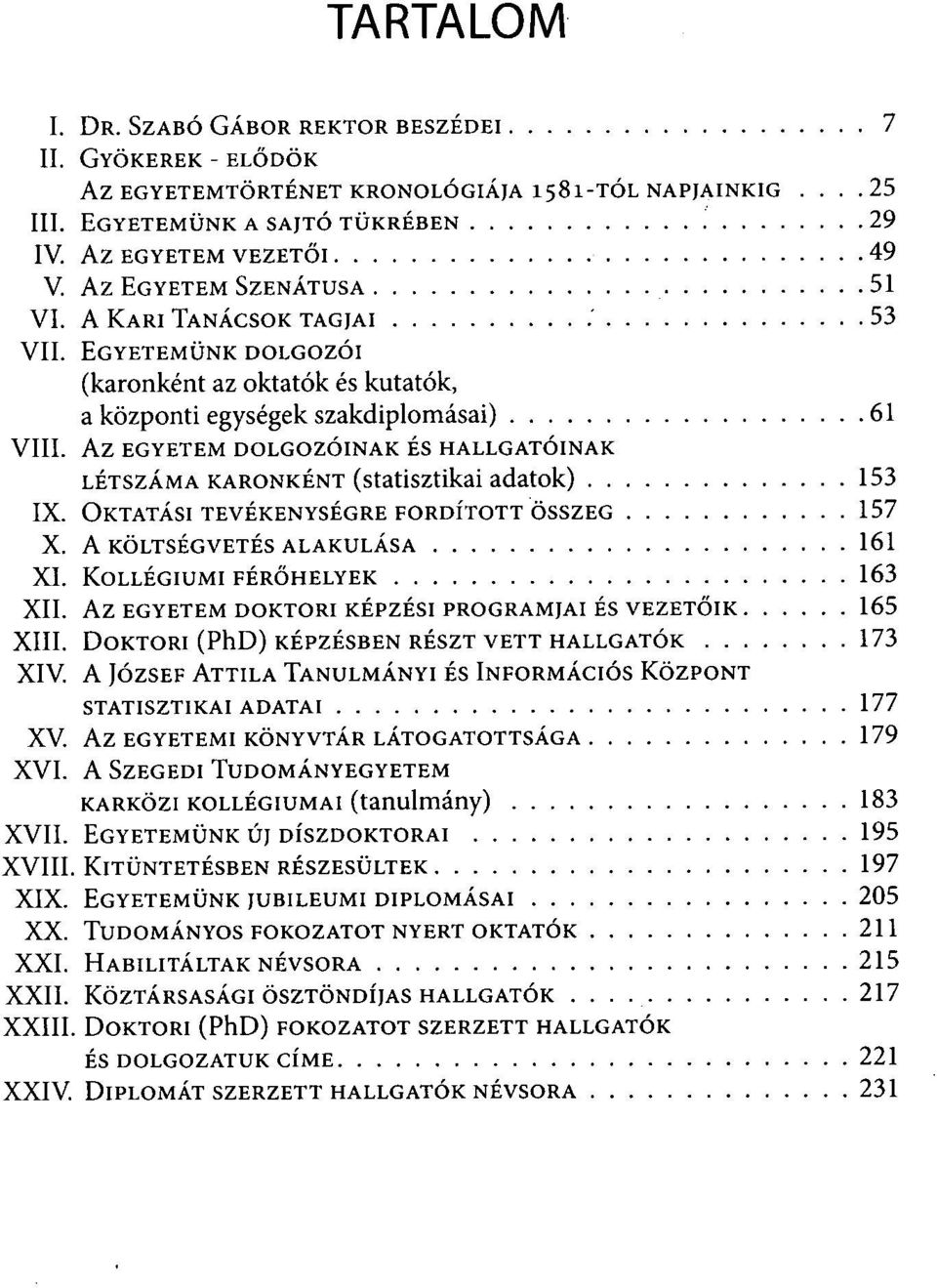 AZ EGYETEM DOLGOZÓINAK ÉS HALLGATÓINAK LÉTSZÁMA KARONKÉNT (statisztikai adatok) 153 OKTATÁSI TEVÉKENYSÉGRE FORDÍTOTT ÖSSZEG 157 A KÖLTSÉGVETÉS ALAKULÁSA 161 KOLLÉGIUMI FÉRŐHELYEK 163 AZ EGYETEM