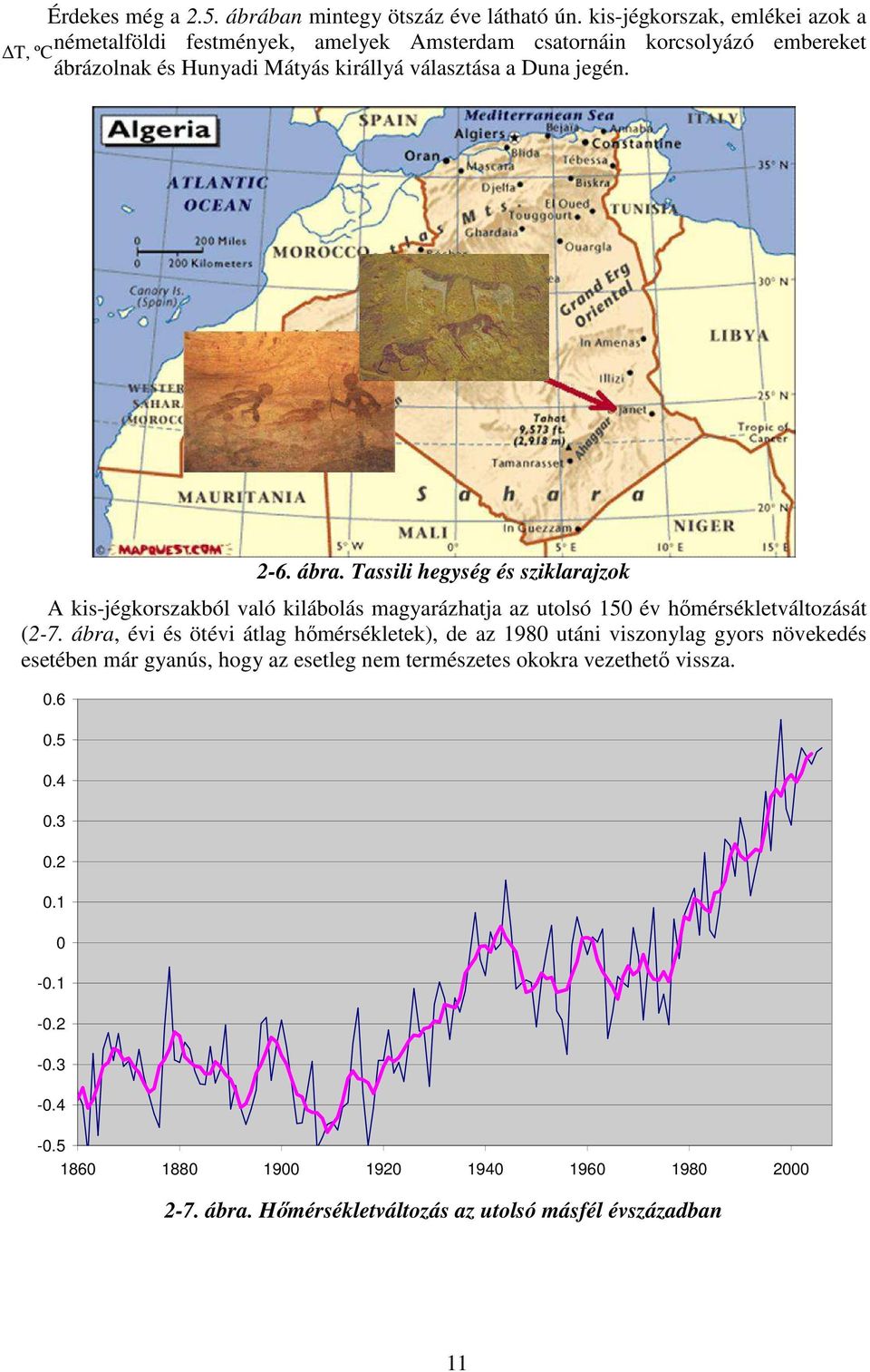 2-6. ábra. Tassili hegység és sziklarajzok A kis-jégkorszakból való kilábolás magyarázhatja az utolsó 150 év hőmérsékletváltozását (2-7.