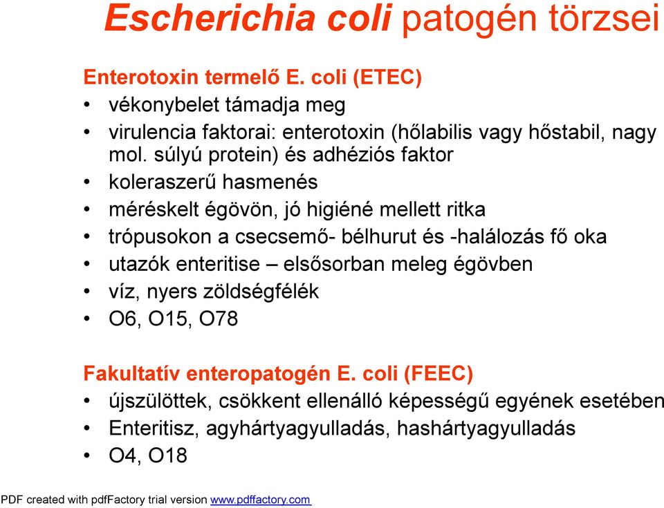 súlyú protein) és adhéziós faktor koleraszerű hasmenés méréskelt égövön, jó higiéné mellett ritka trópusokon a csecsemő- bélhurut és