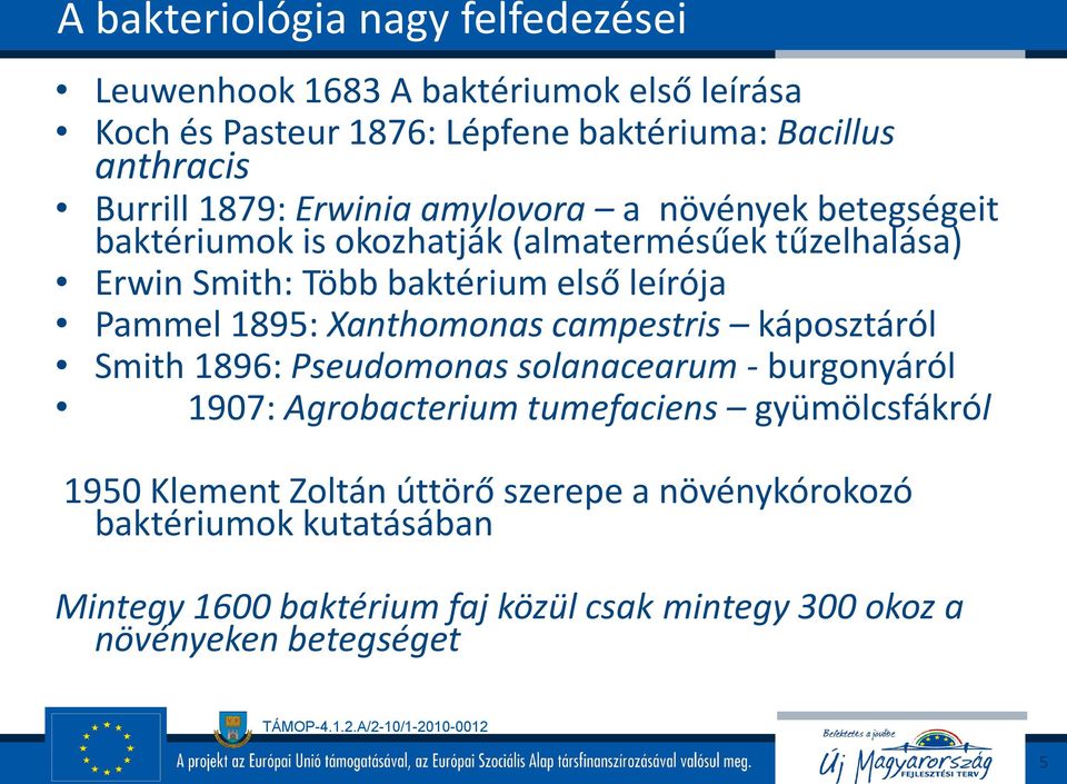 Pammel 1895: Xanthomonas campestris káposztáról Smith 1896: Pseudomonas solanacearum - burgonyáról 1907: Agrobacterium tumefaciens gyümölcsfákról