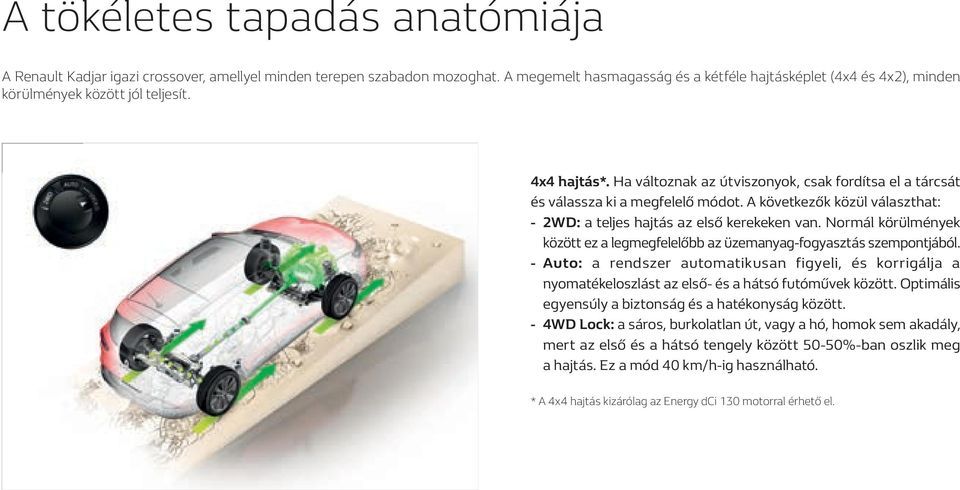 Ha változnak az útviszonyok, csak fordítsa el a tárcsát és válassza ki a megfelelő módot. A következők közül választhat: - 2WD: a teljes hajtás az első kerekeken van.