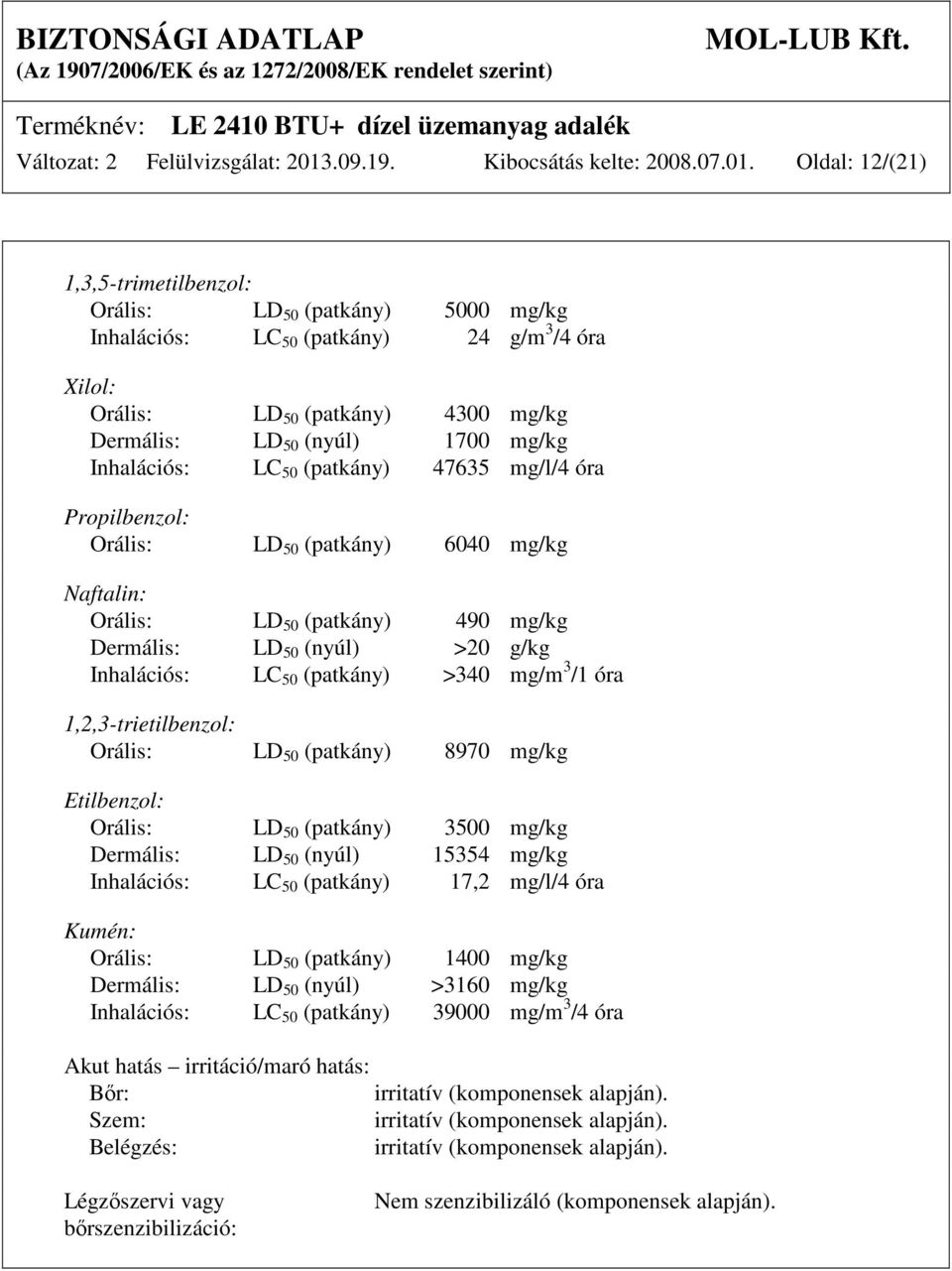 Oldal: 12/(21) 1,3,5-trimetilbenzol: Orális: LD 50 (patkány) 5000 mg/kg Inhalációs: LC 50 (patkány) 24 g/m 3 /4 óra Xilol: Orális: LD 50 (patkány) 4300 mg/kg Dermális: LD 50 (nyúl) 1700 mg/kg