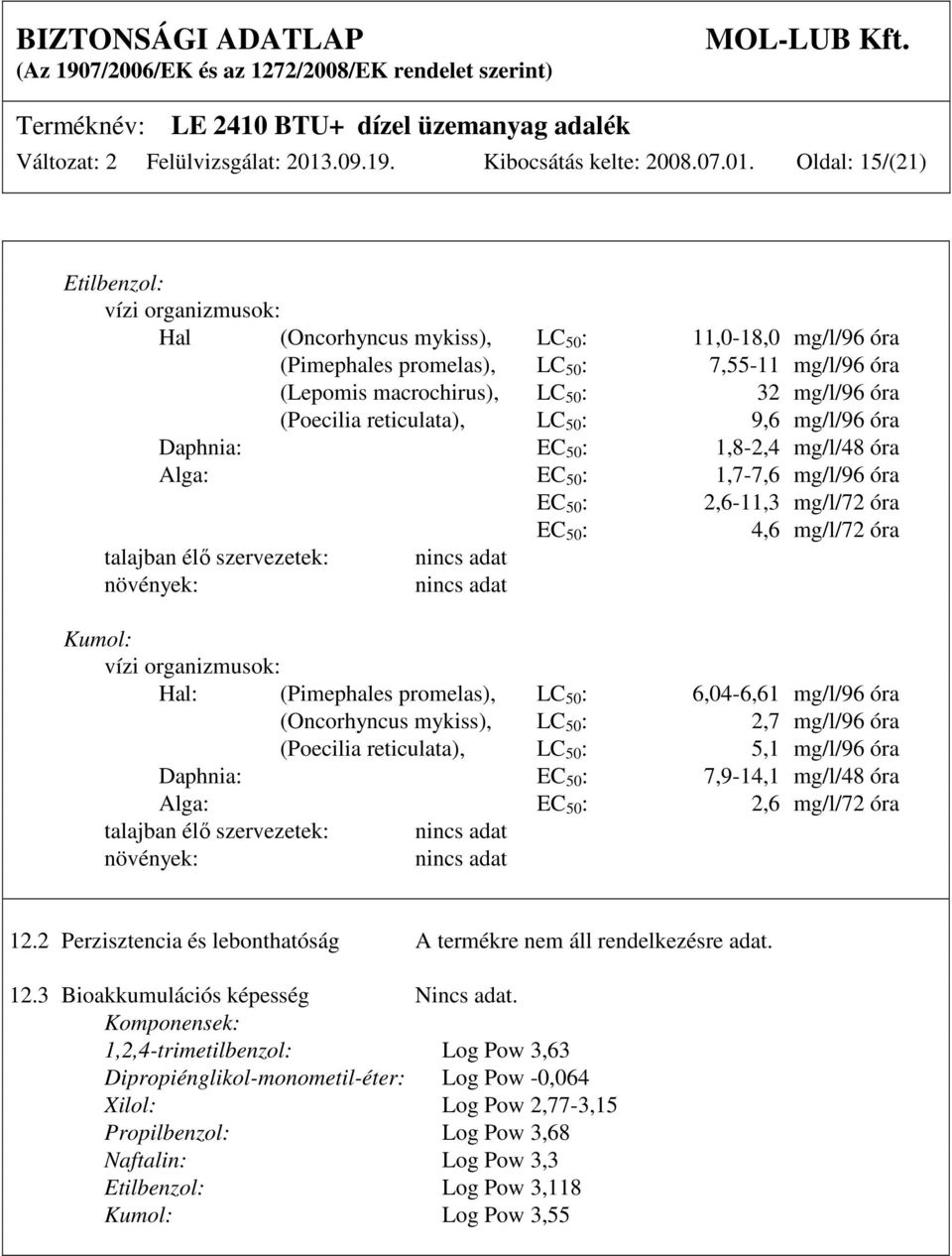 Oldal: 15/(21) Etilbenzol: vízi organizmusok: Hal (Oncorhyncus mykiss), LC 50 : 11,0-18,0 mg/l/96 óra (Pimephales promelas), LC 50 : 7,55-11 mg/l/96 óra (Lepomis macrochirus), LC 50 : 32 mg/l/96 óra