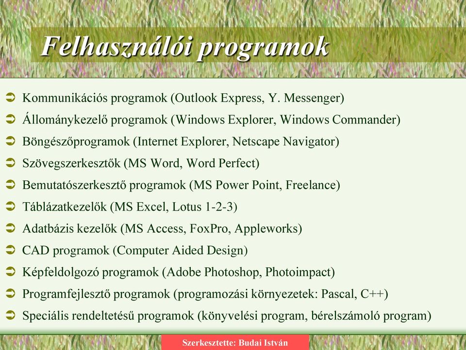 Word, Word Perfect) Bemutatószerkesztő programok (MS Power Point, Freelance) Táblázatkezelők (MS Excel, Lotus 1-2-3) Adatbázis kezelők (MS Access, FoxPro,