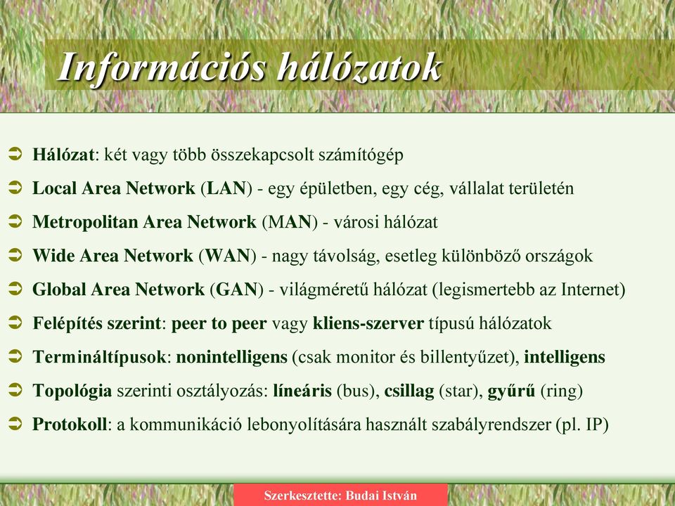 (legismertebb az Internet) Felépítés szerint: peer to peer vagy kliens-szerver típusú hálózatok Termináltípusok: nonintelligens (csak monitor és