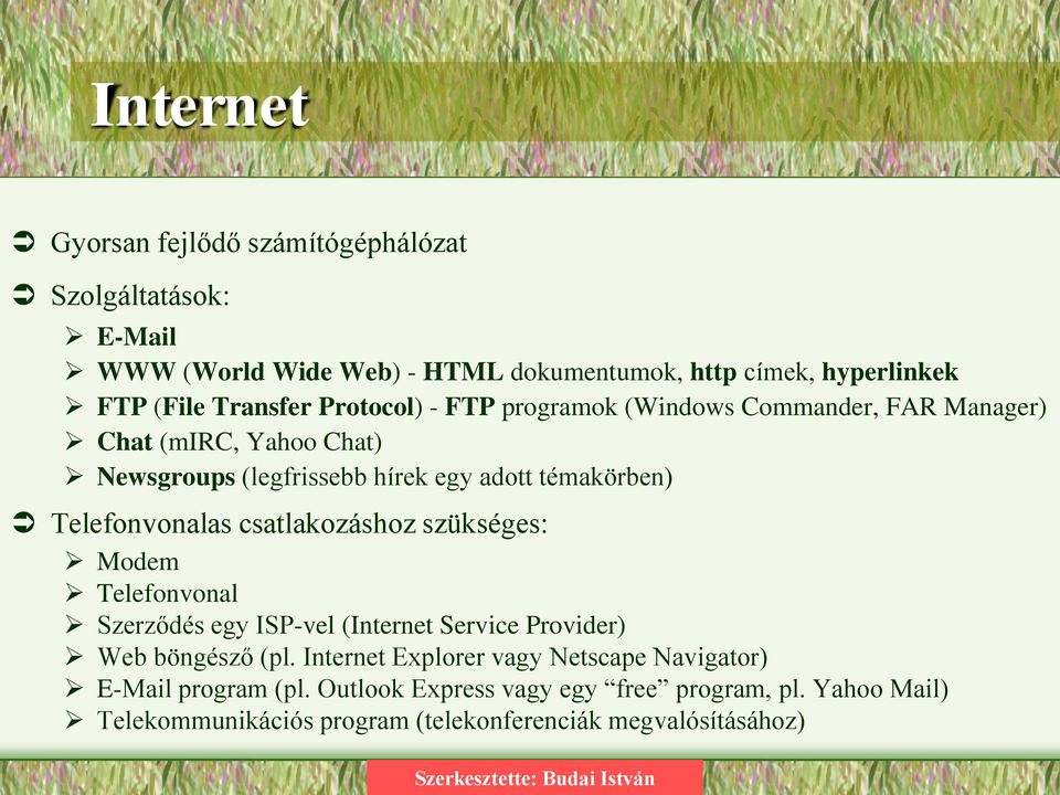 Telefonvonalas csatlakozáshoz szükséges: Modem Telefonvonal Szerződés egy ISP-vel (Internet Service Provider) Web böngésző (pl.